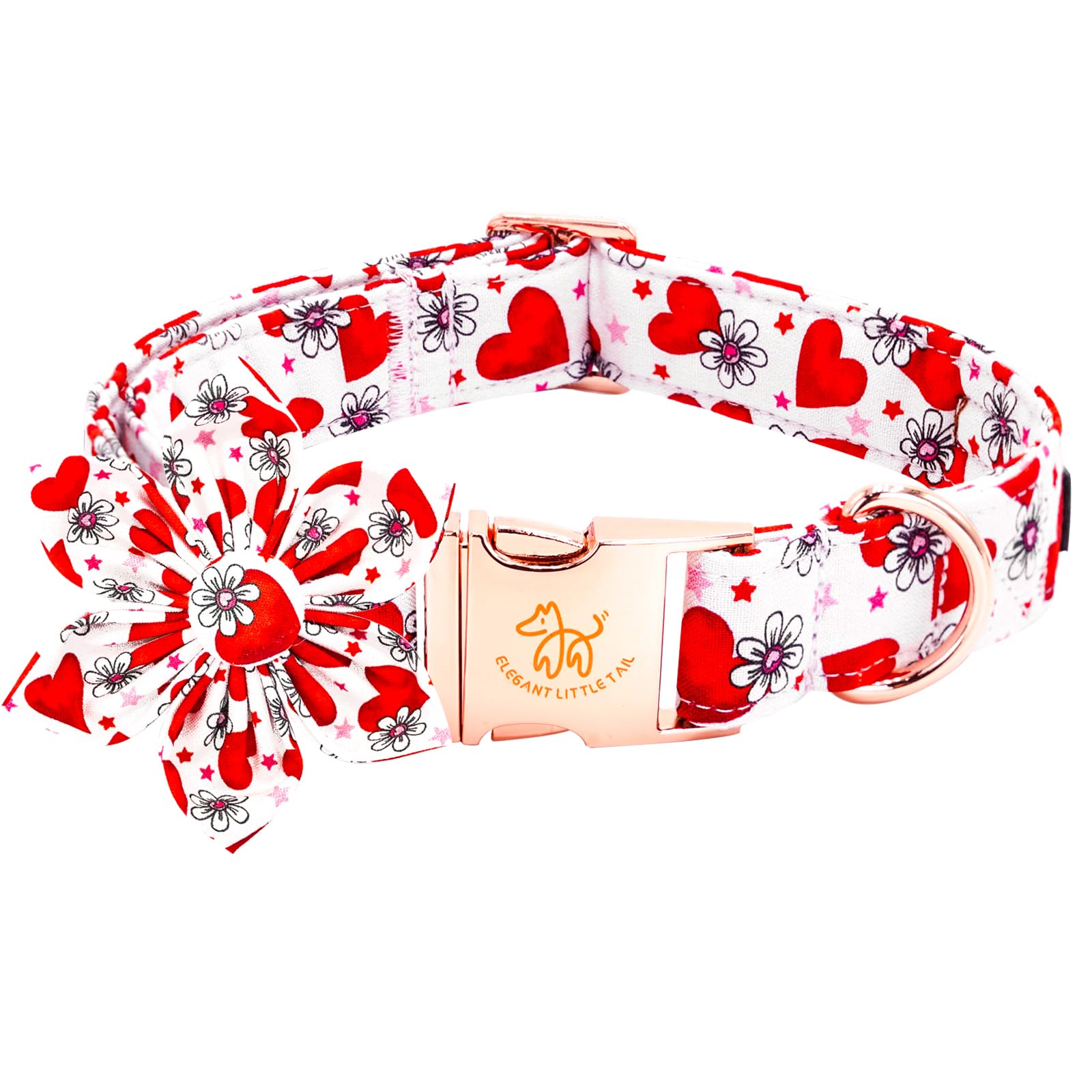 Elegant little tail Valentine's Dog Collar with Flower, Cute Flower with Heart Dog Collar Holiday Female Adjustable Cotton Pet C