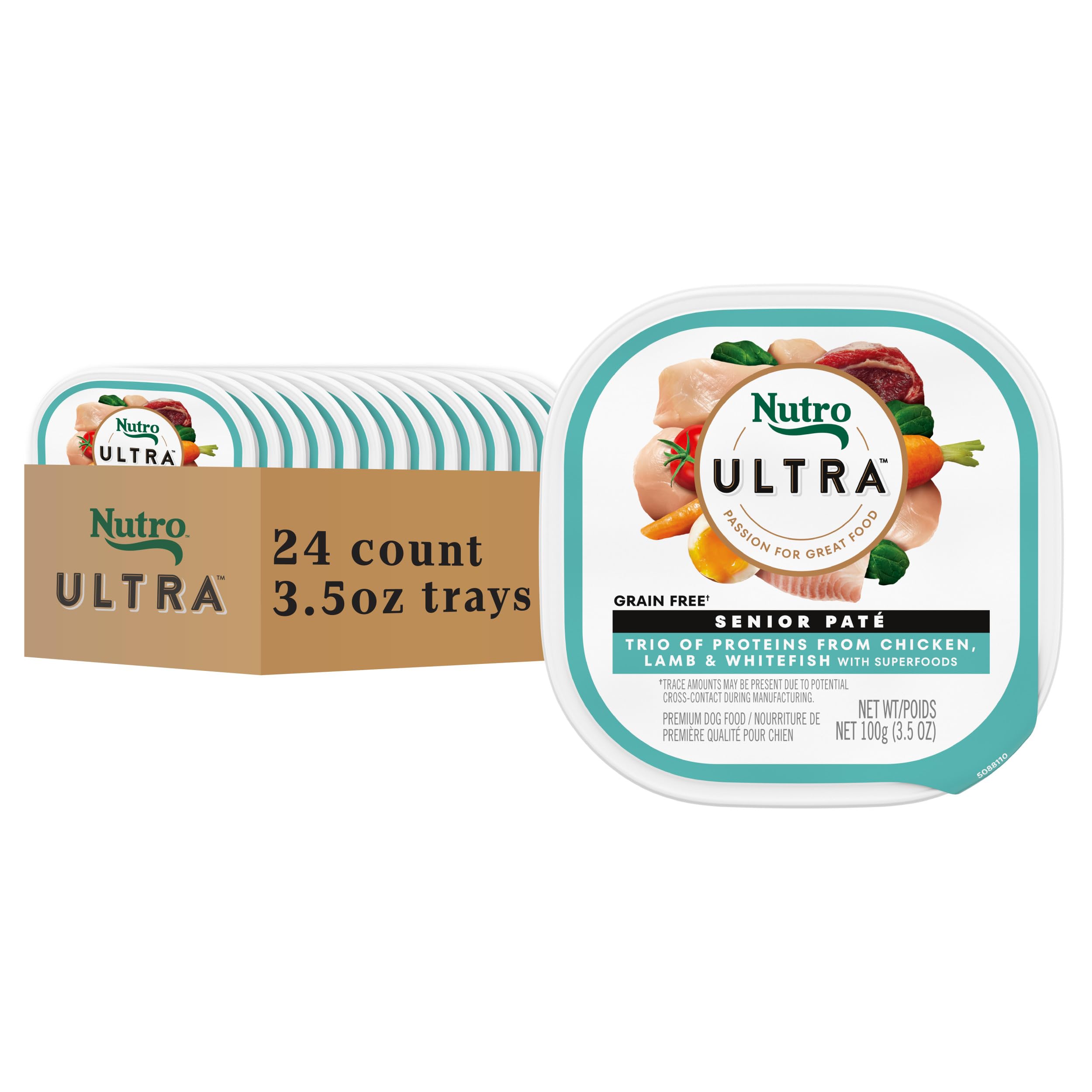 Nutro Ultra Wet Dog Food Senior Pate Trio of Proteins Chicken, Lamb & Whitefish, 3.5 oz. Trays (24 Count, Pack of 1)