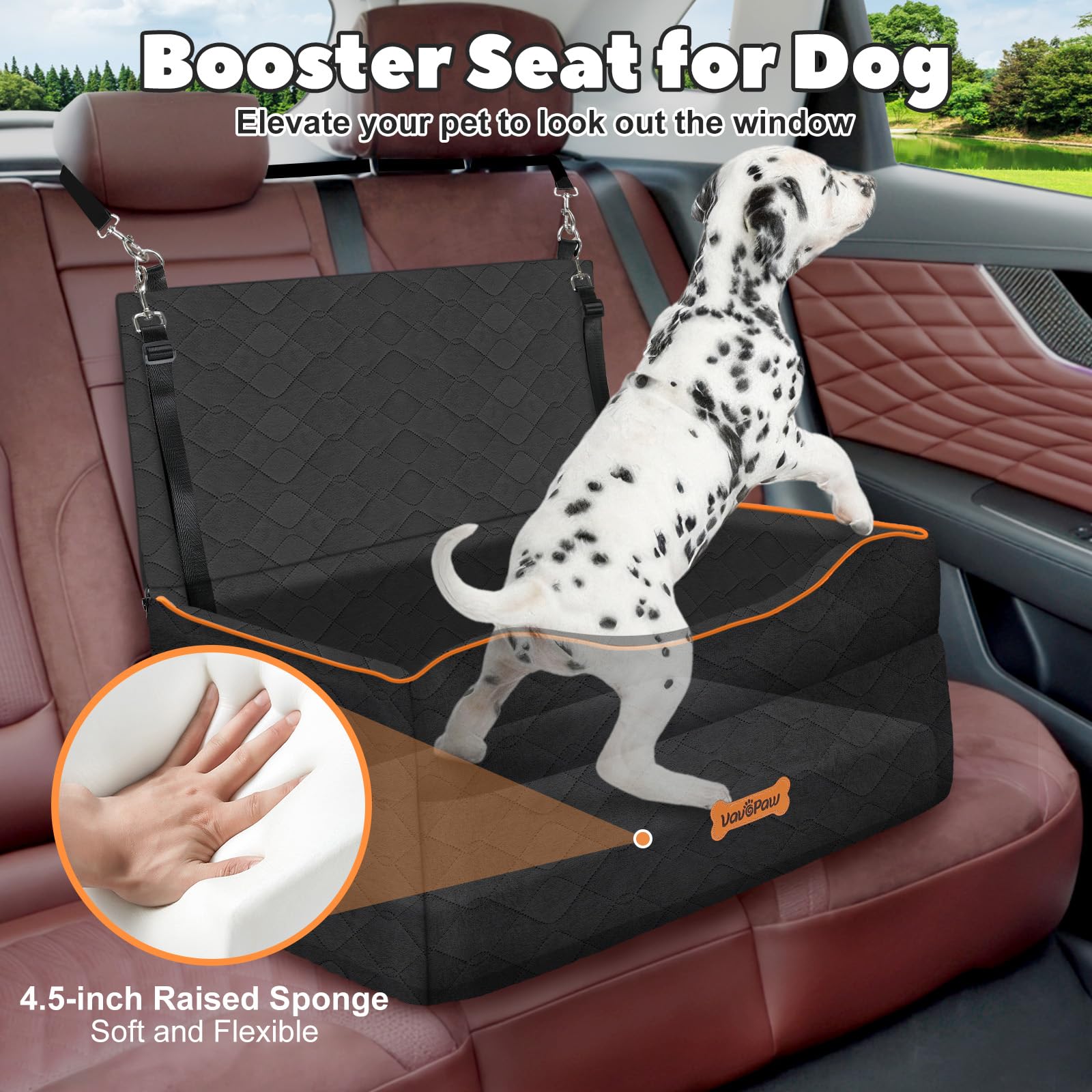 VavoPaw Large Medium Dog Car Seat, Dog Booster Seat Under 60Lbs or 2 Small Dogs Washable, Pet Car Seats with 2 Safety Leash, Dog