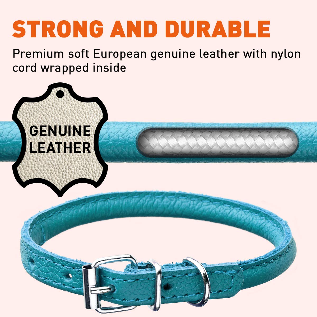 Dogline Rolled Leather Dog Collar - For Small, Medium And Large Breeds - Soft And Padded Round Luxury Design 1/4 By 6-8'' Round