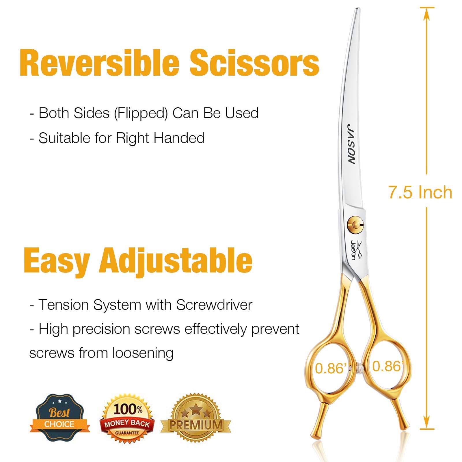 Jason 7.5' Curved Dog Grooming Scissors, Cats Grooming Shears Pets Trimming Kit For Right Handed Groomers, Sharp, Comfortable Shear
