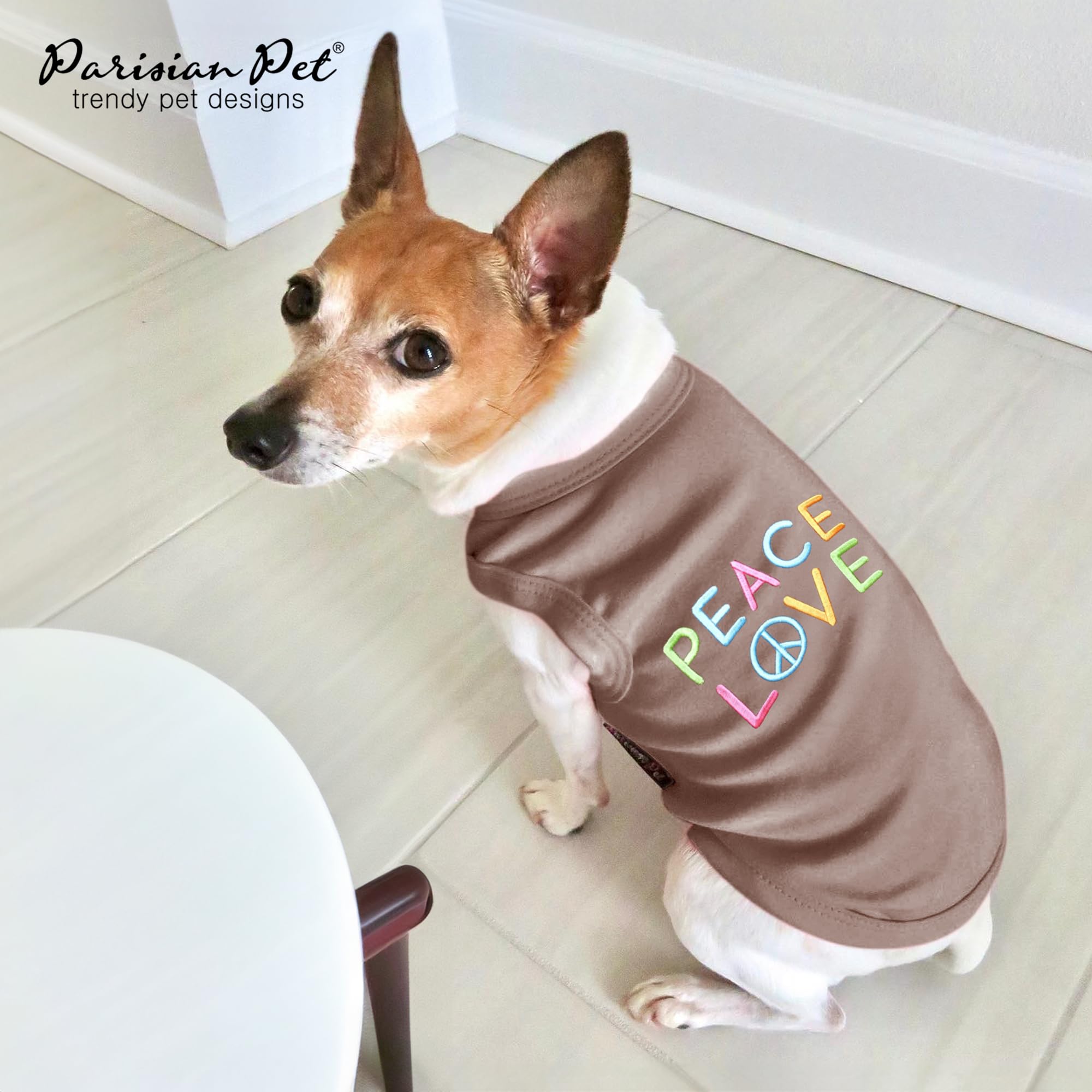 Parisian Pet Dog T-Shirt - Embroided Peace Love 100% Cotton, Breathable Dog Clothes - Sleeveless Pet Vest - Machine Washable Dog