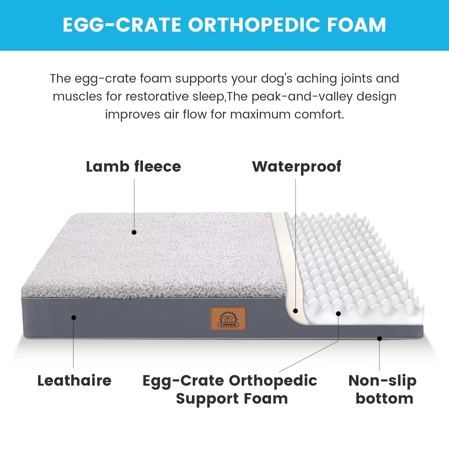 Orthopedic Dog Bed For Large Dogs, Removable Waterproof Cover And Egg-Crate Foam, Machine Washable (Grey, 44.0' L X 32.0' W X 3.0' Th)