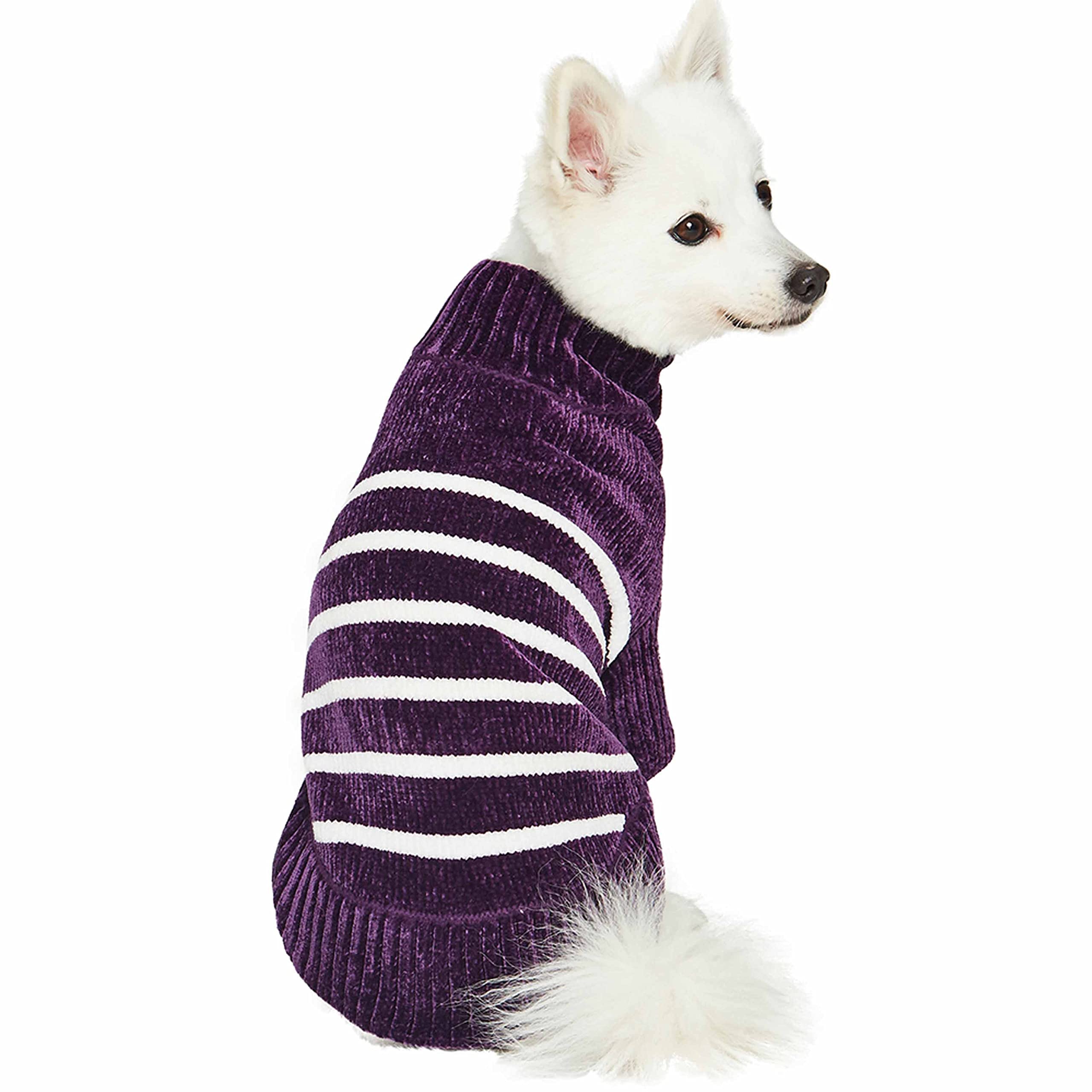 Blueberry Pet Cozy Soft Chenille Classy Striped Dog Sweater In Dark Plum, Back Length 14'', Pack Of 1 Clothes For Dogs