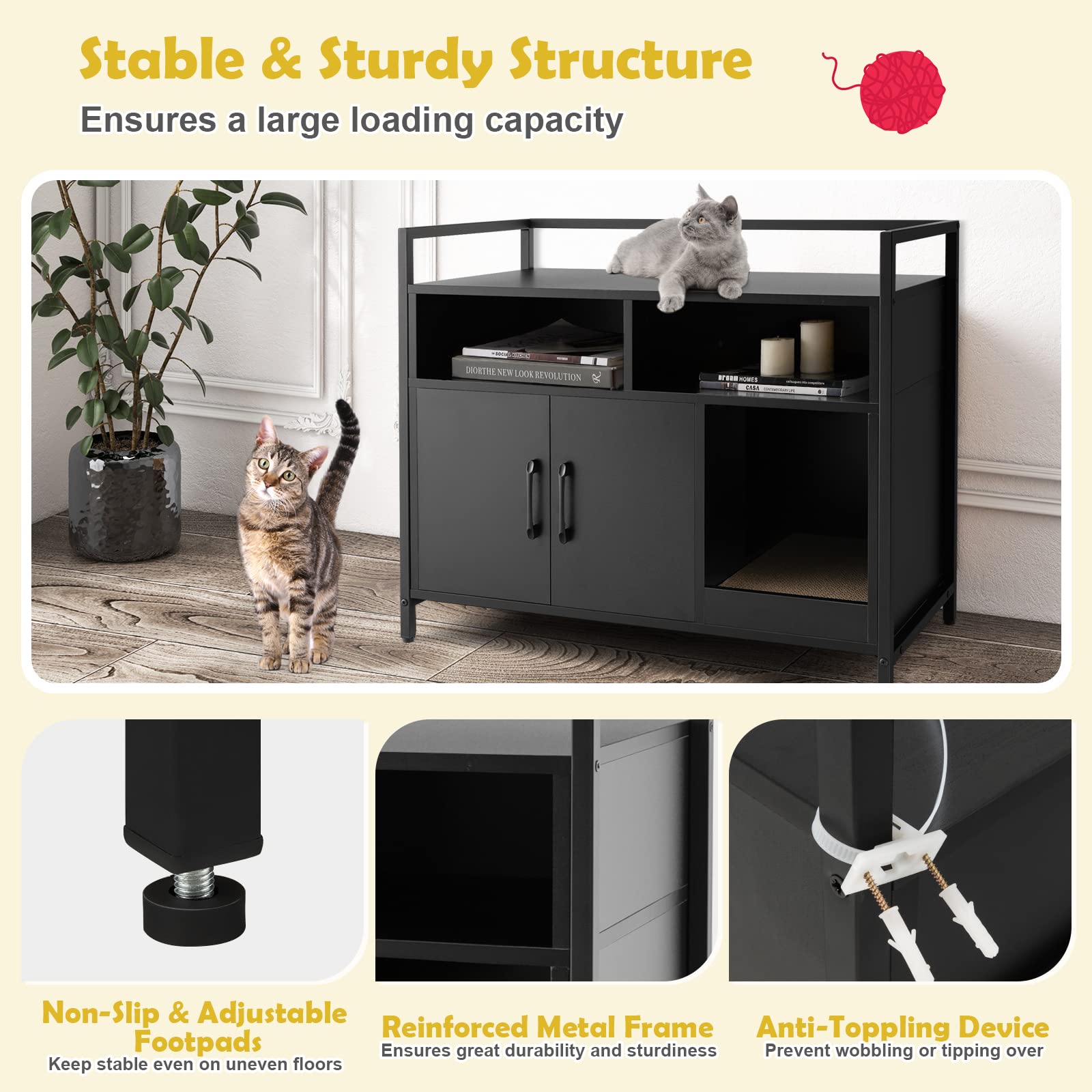 Tangkula Litter Box Enclosure, Cat Litter Box Furniture Hidden W/Metal Frame, Scratching Board, Storage Compartment, Wooden Cat Washroom, Indoor Cat House Side Table, Cat Box Cabinet (Black)