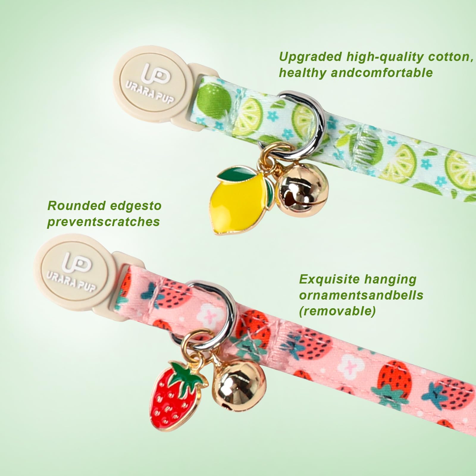 Up Urara Pup Cat Collar, 2Pack Summer Kitten Collars-Cute Lime And Strawberry Pendants-Breakaway Kitty Collars,Cat Collar With B