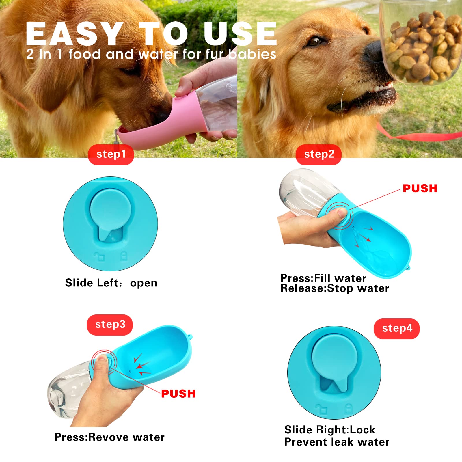 AVELORA Dog Water Bottle,Portable Pet Water Bottle with Food Container,Outdoor Portable Water Dispenser for Cat,Puppy,Pets for W