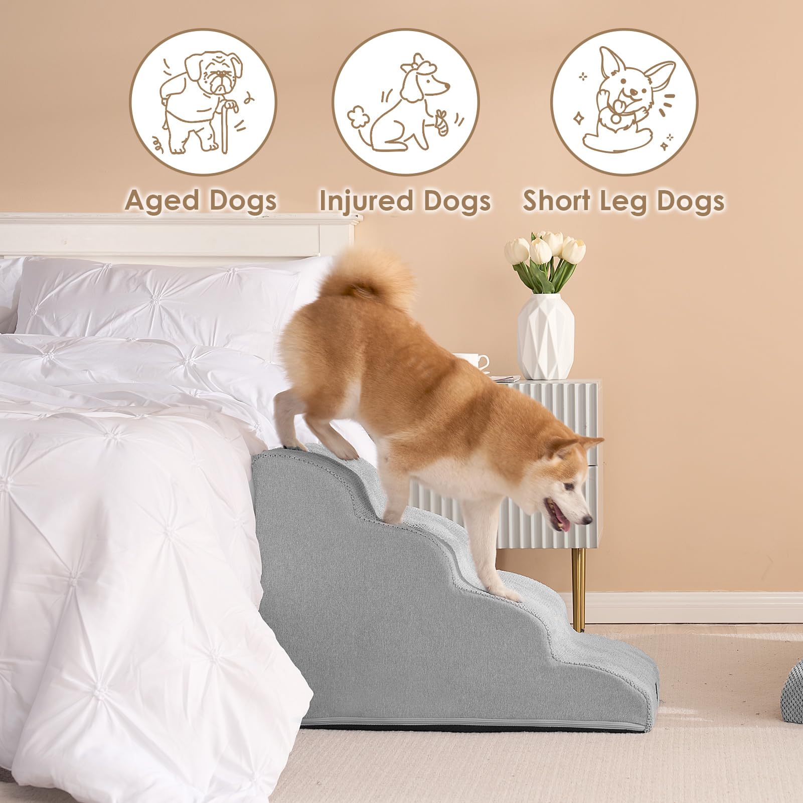 Eheyciga Curved Dog Stairs Ramp For High Beds 19.7' H, 4-Step Dog Steps For Small Dogs And Cats, Pet Stairs For High Bed Climbing, Non-Slip Balanced Pet Step Indoor, Light Grey