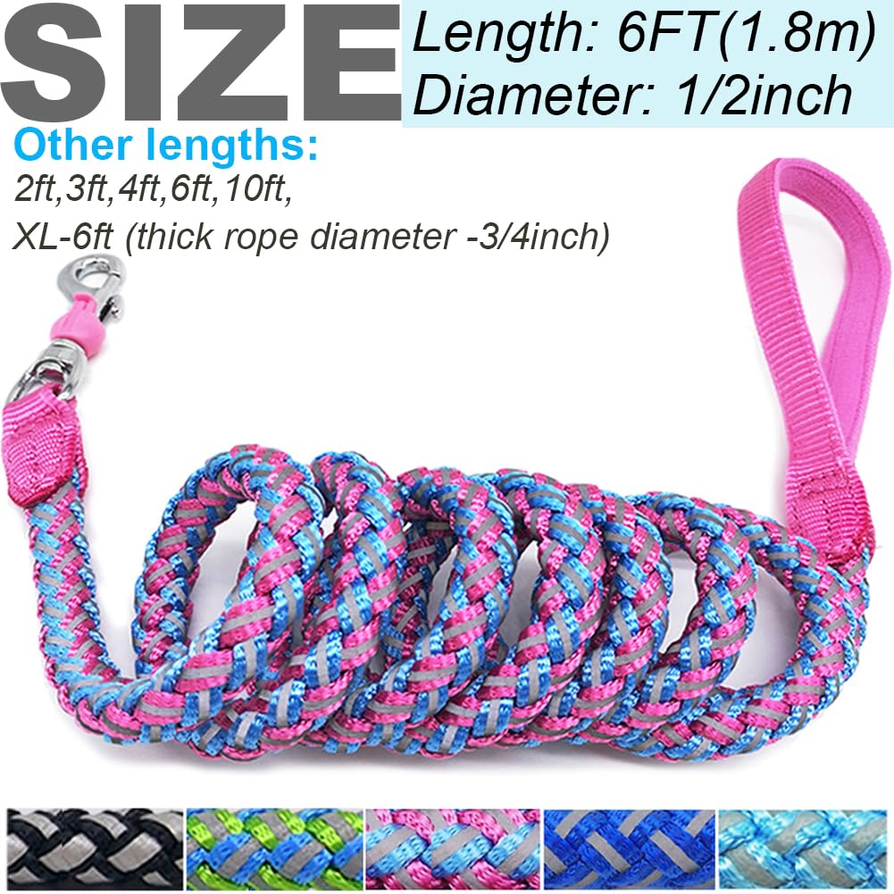Mycicy Reflective Dog Leash, 2/3/4/6/10ft Braided Nylon Rope with Soft Handle for Night Walking, Comfort Grip Leash for Small Me