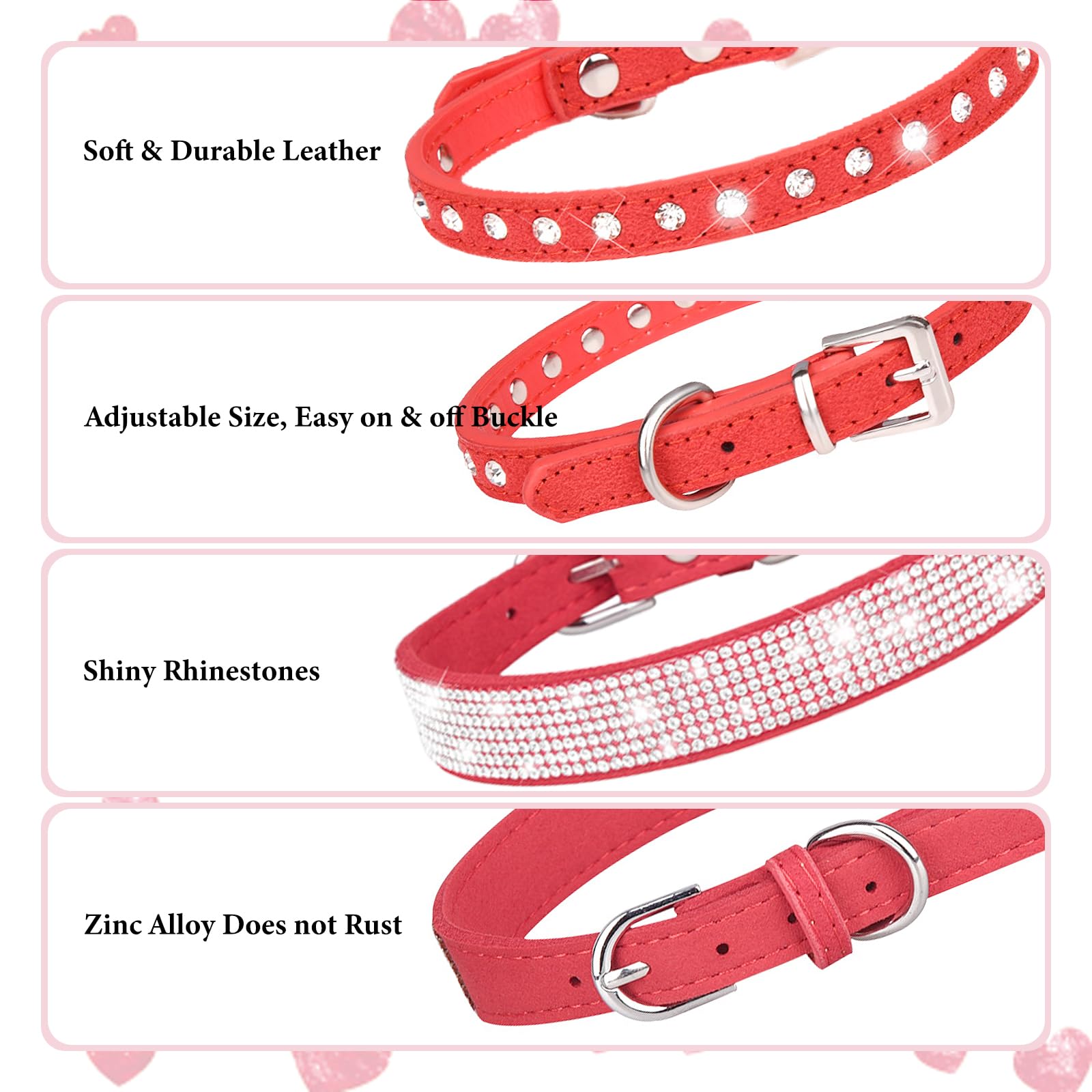 Red Diamond Dog Collar Xxs, 2-Pack Bling Kitten Collar Soft Suede Glitter Rhinestone Jewelry Crystal Girl Puppy Collar With Bow