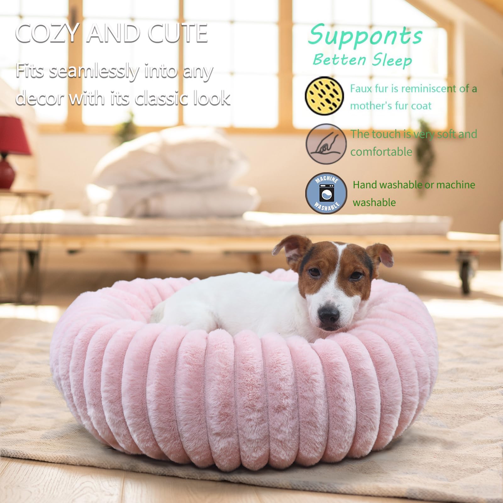 Donut Small Dog Bed Washable Cute Puppy Beds With Corduroy Fleece & Anti Slip Bottom, Round Faux Fur Pet Snuggle Beds For Large