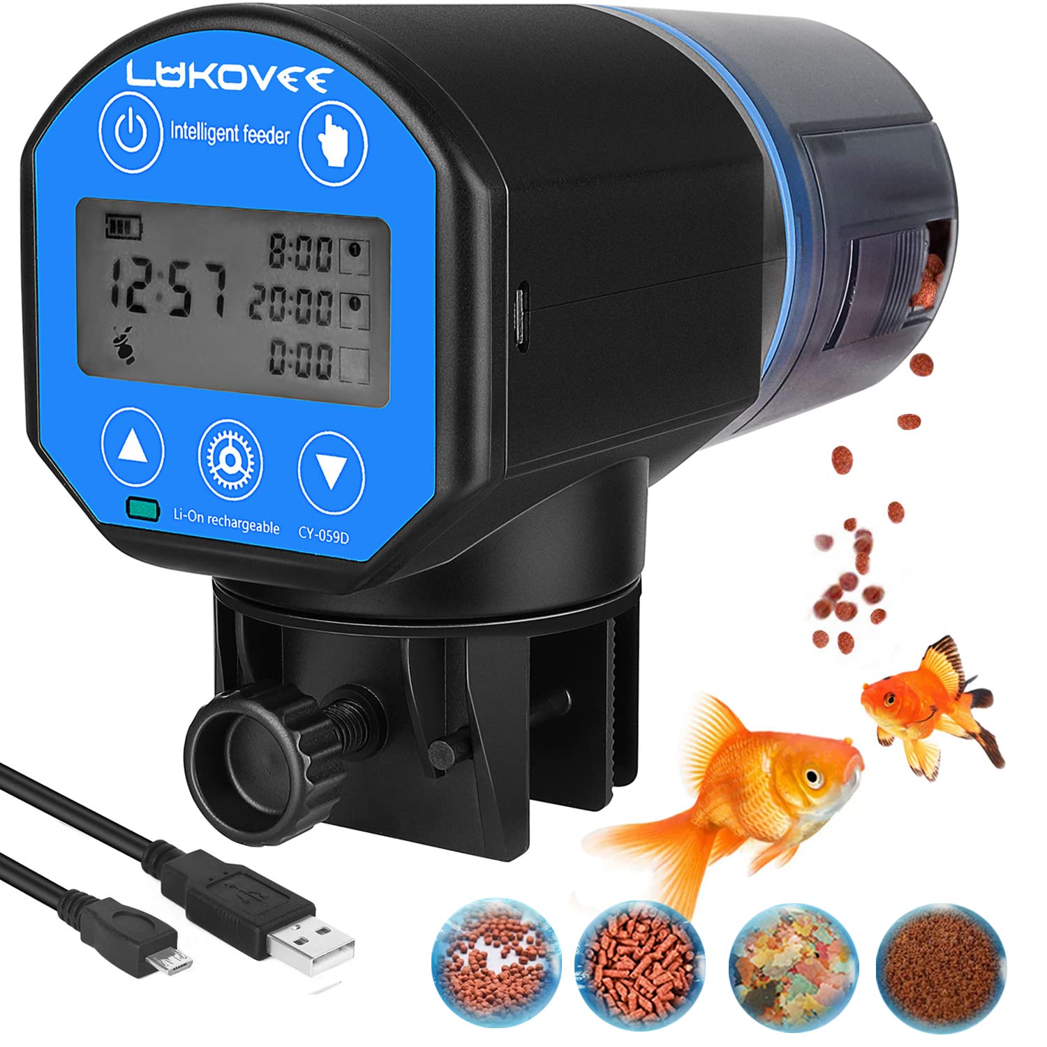 Lukovee Automatic Fish Feeder,New Generation Feeding Time Display USB Rechargeable Timer Moisture-Proof Aquarium or Fish Tank Fo