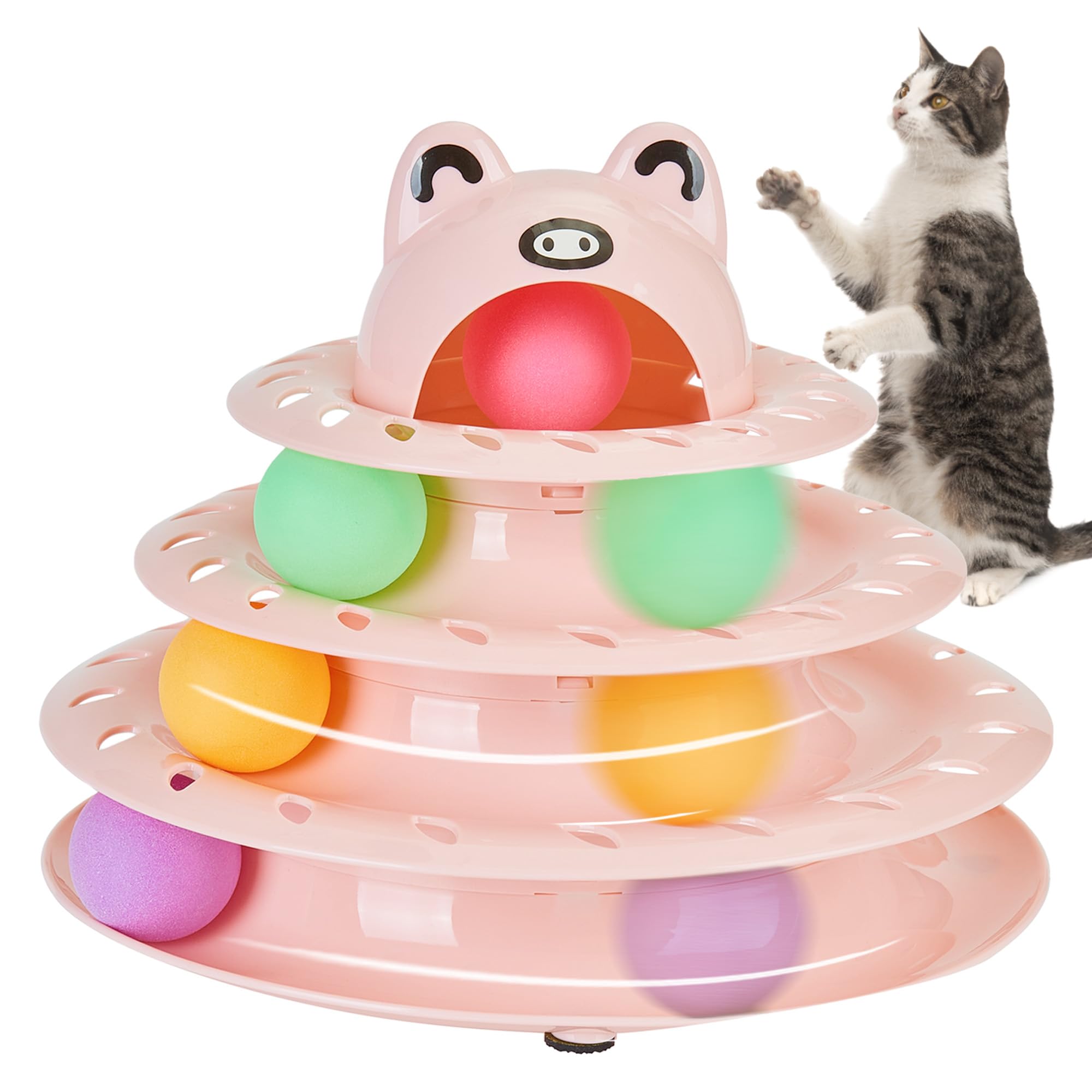 Gefryco Cat Toys 4-Tier Roller Track, Turntable Cat Tower Toy with Colorful Chase Balls, Multi-Level Interactive Cat Toys for Bo