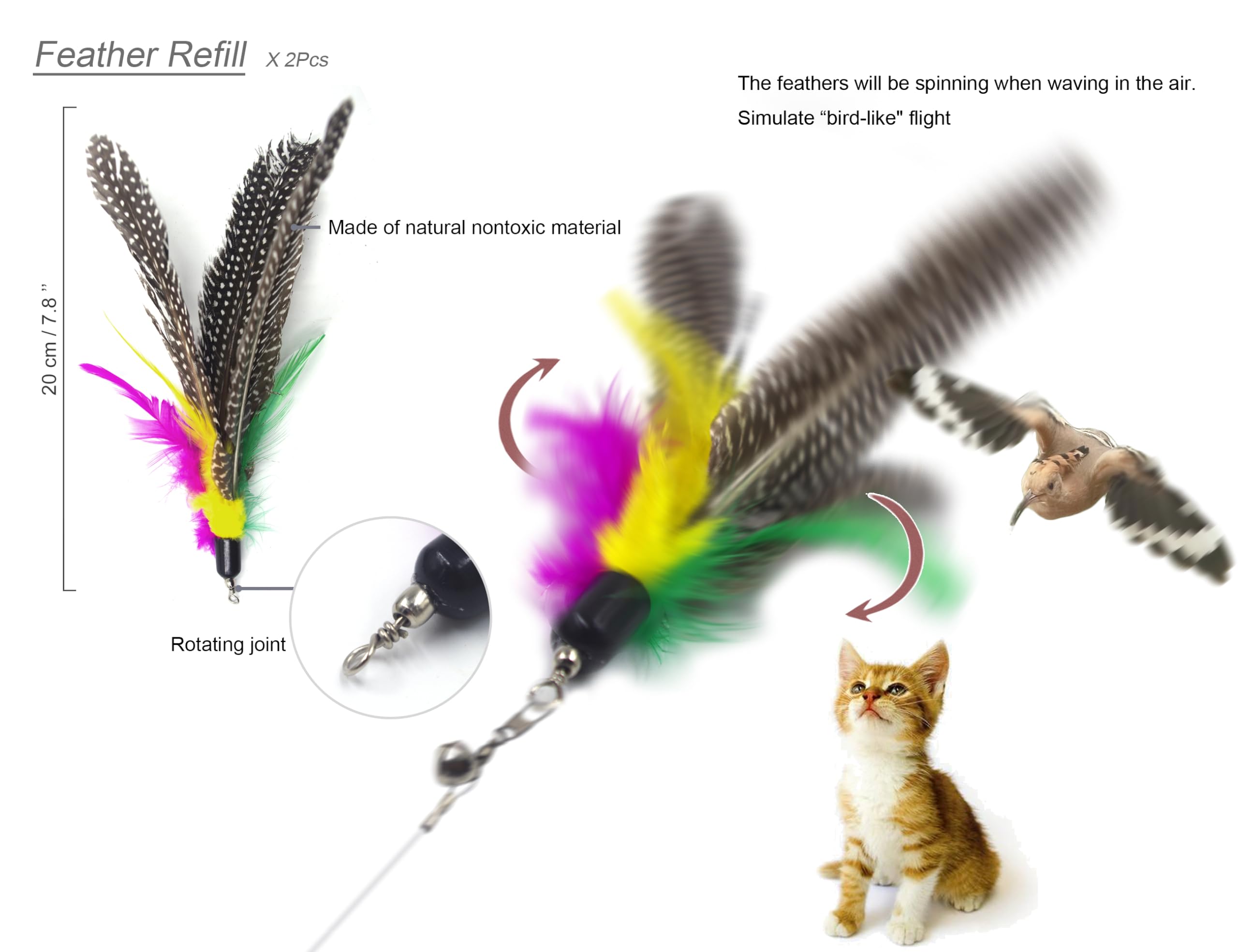 Yoogao Pet Cat Toys Wand Retractable Interactive Feather Teaser Cat Toy With Bell, 5Pcs Refills