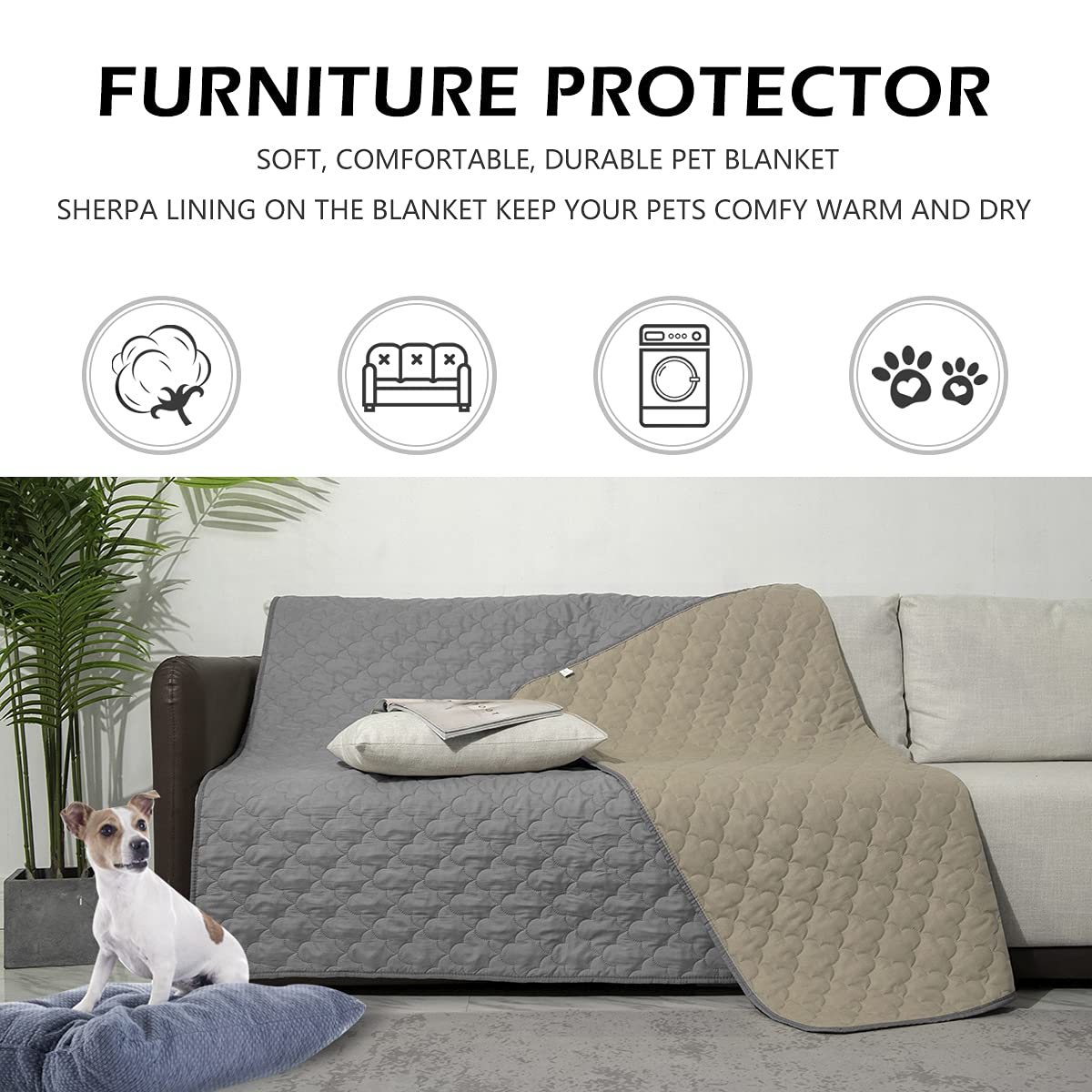 Dog Blankets For Couch Protection Waterproof Dog Bed Covers Pet Blanket Furniture Protector (Grey+Beige, 82'X120')