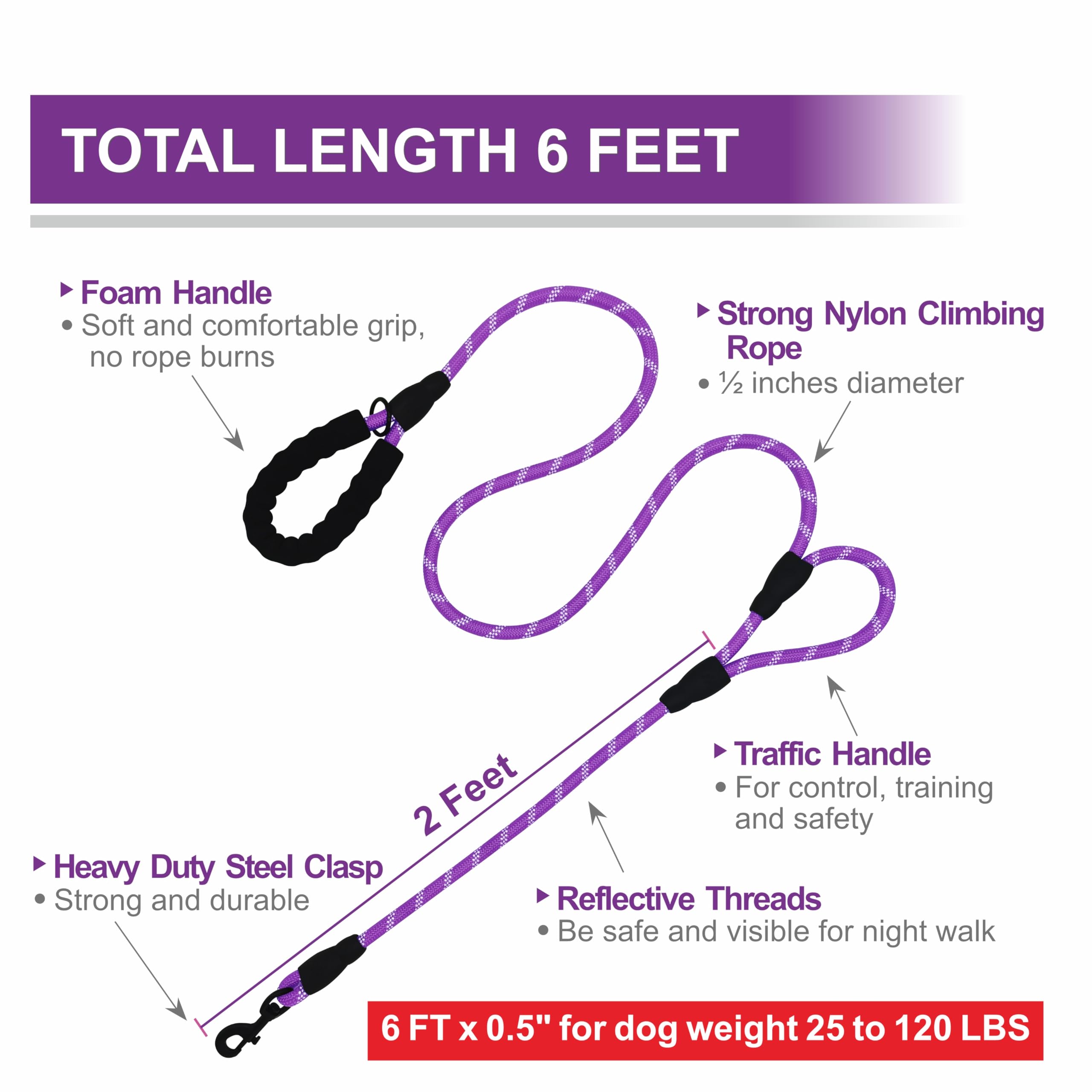 VOZRELS Dog Leash Heavy Duty 6ft, Double Handle Dog Leash with Padded Handle for Traffic Control, Reflective Rope Leashes for La