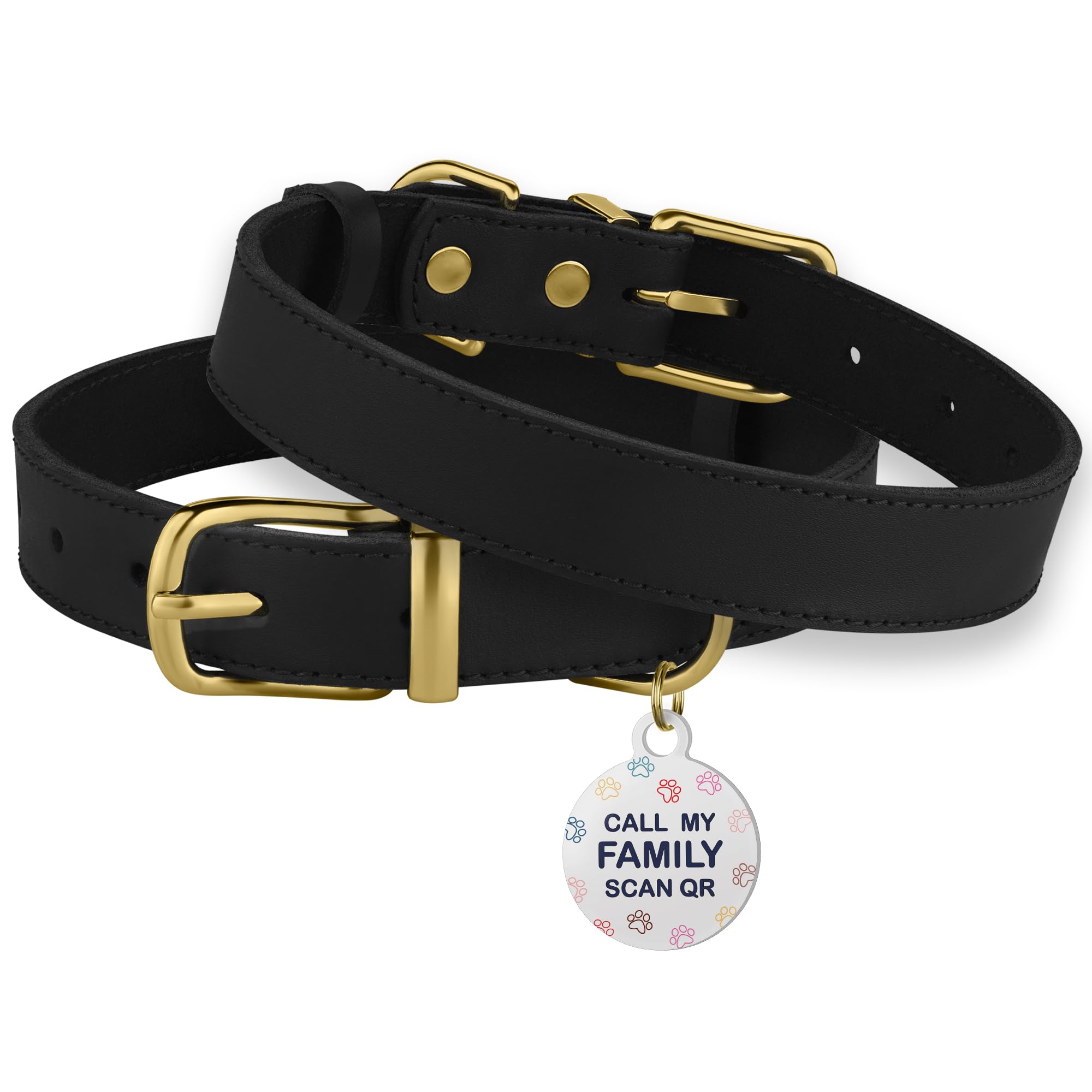 Bronzedog Leather Dog Collar With Qr Id Tag Basic Pet Collars For Small Mini Dogs Cats Puppies (9-11 Inch (Pack Of 1), Black & G