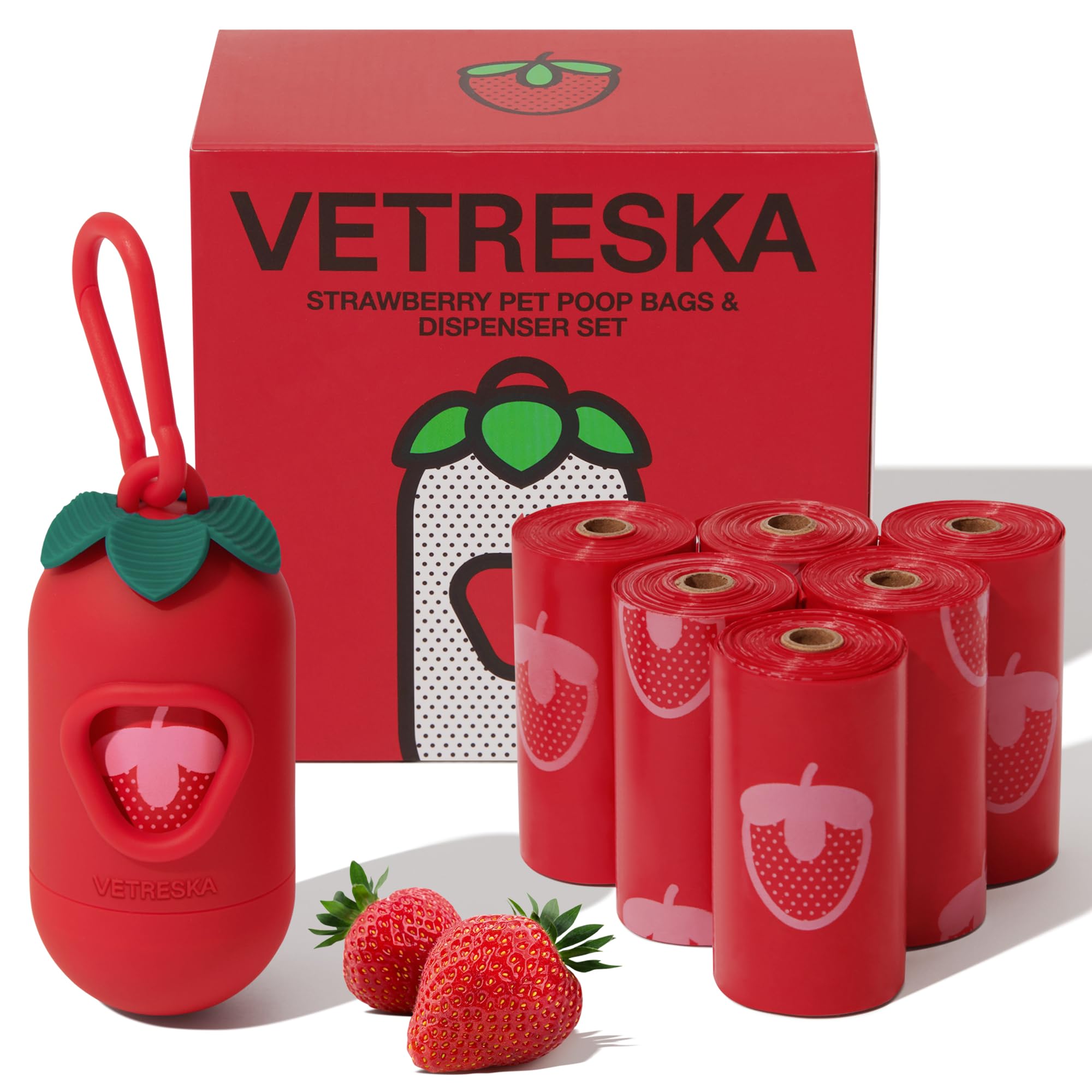 Vetreska Dog Poop Bag Dispenser With Strawberry Scented Bags, Leak Proof, Extra Thick And Large Pet Waste Bags,1 Count Bag Holde