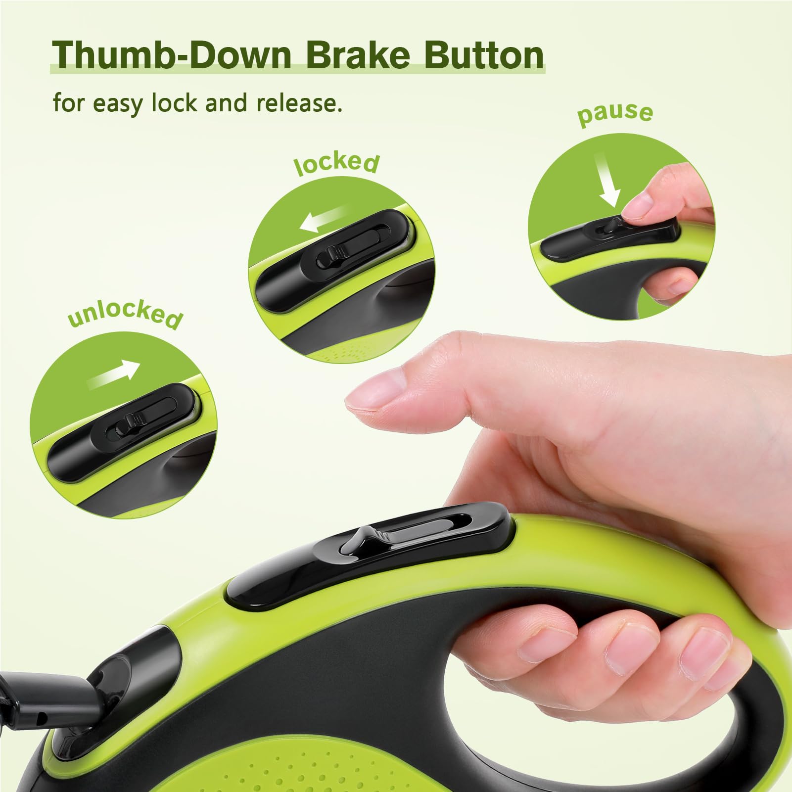 Pecute 16 ft Heavy Duty Retractable Dog Leash, Large, Nylon, Green with LED Light, Model PRL-L5M01, 360° Tangle-Free, Up to 110