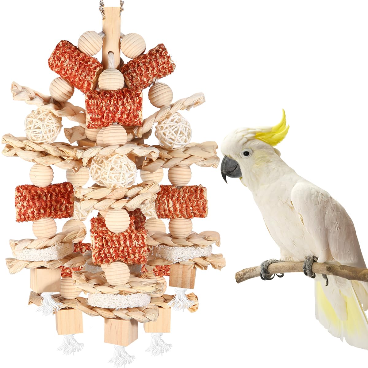Bird Toys - Natural Corn Cob And Loofah Slices For Large Parrots, Like African Grey, Macaws, Cockatoos And Amazon Parrot - Woode