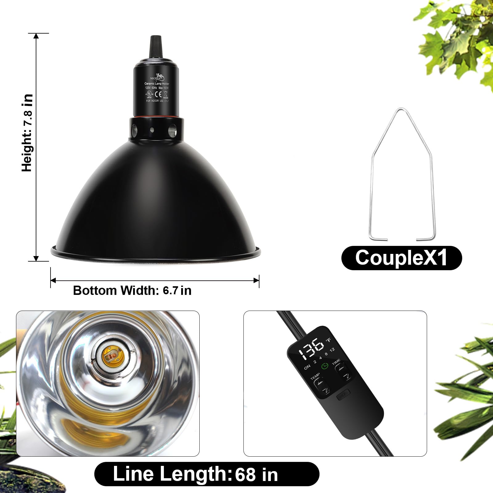 Mecesor Reptile Light Fixture With Thermostatic Timer, 8.5 Inch Deep Dome Lamp Cap Reptile Heat Lamp Fixture With Separate Switc