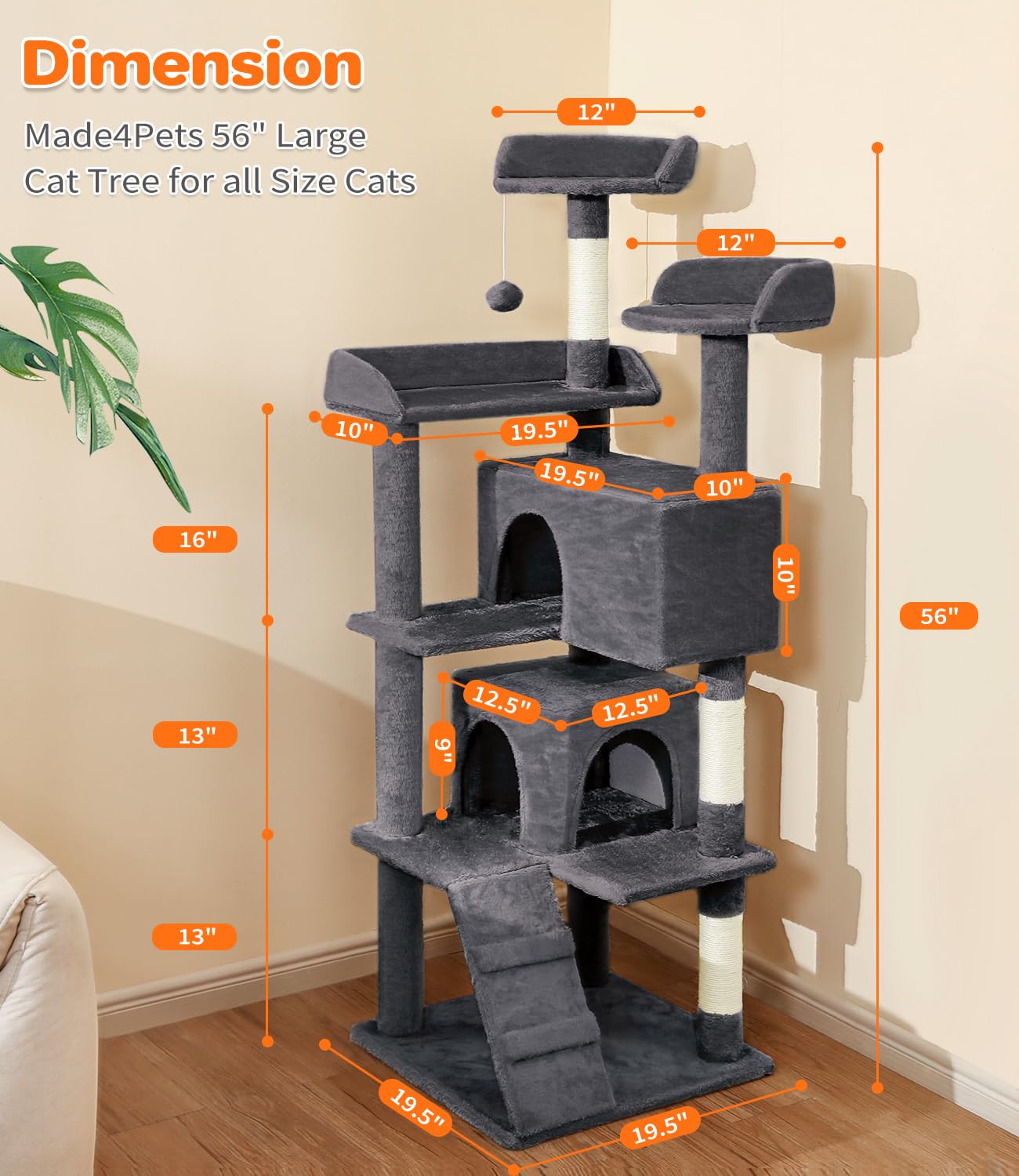 Made4Pets Cat Tree 54in Cat Tower for Indoor Cats Kitten Tree Multi-Level Cat Tree with 2 Condo Furniture Activity Center with S