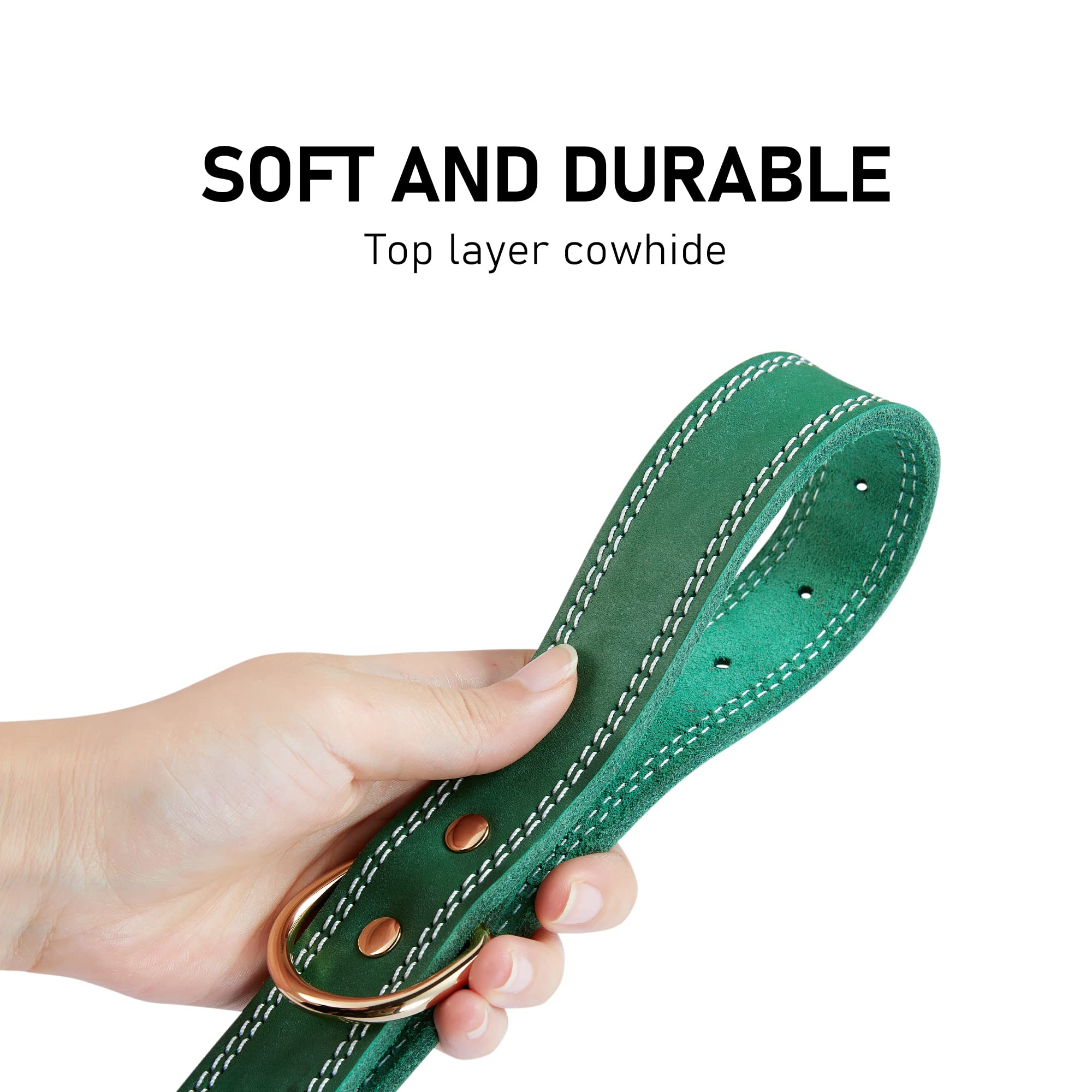 Daihaqiko Leather Dog Collar, Heavy Duty, Wide, Genuine, For Medium & Large Dogs, Dual Stitch - Green