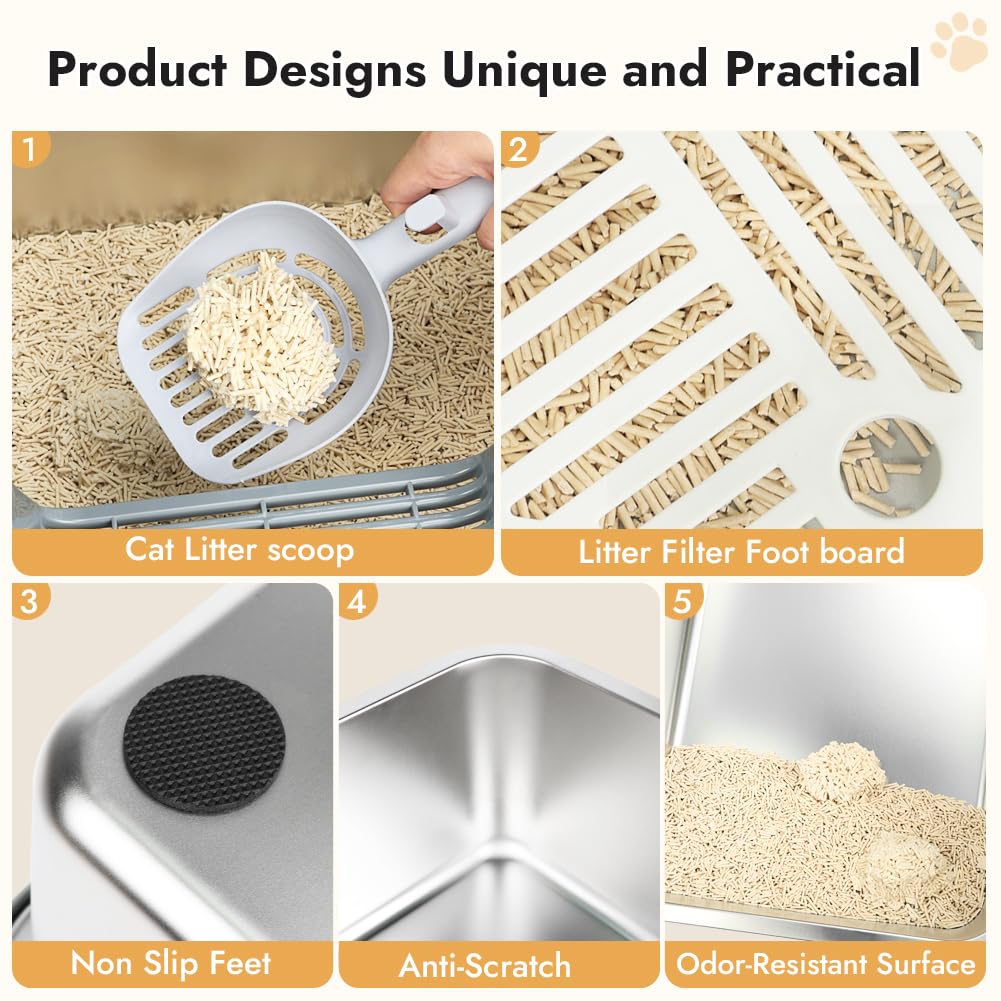 Vivifying Xl Stainless Steel Cat Litter Box, High Side Metal Litter Pan With Scoop And Footboard For Big Cats, Kittens, Rabbits