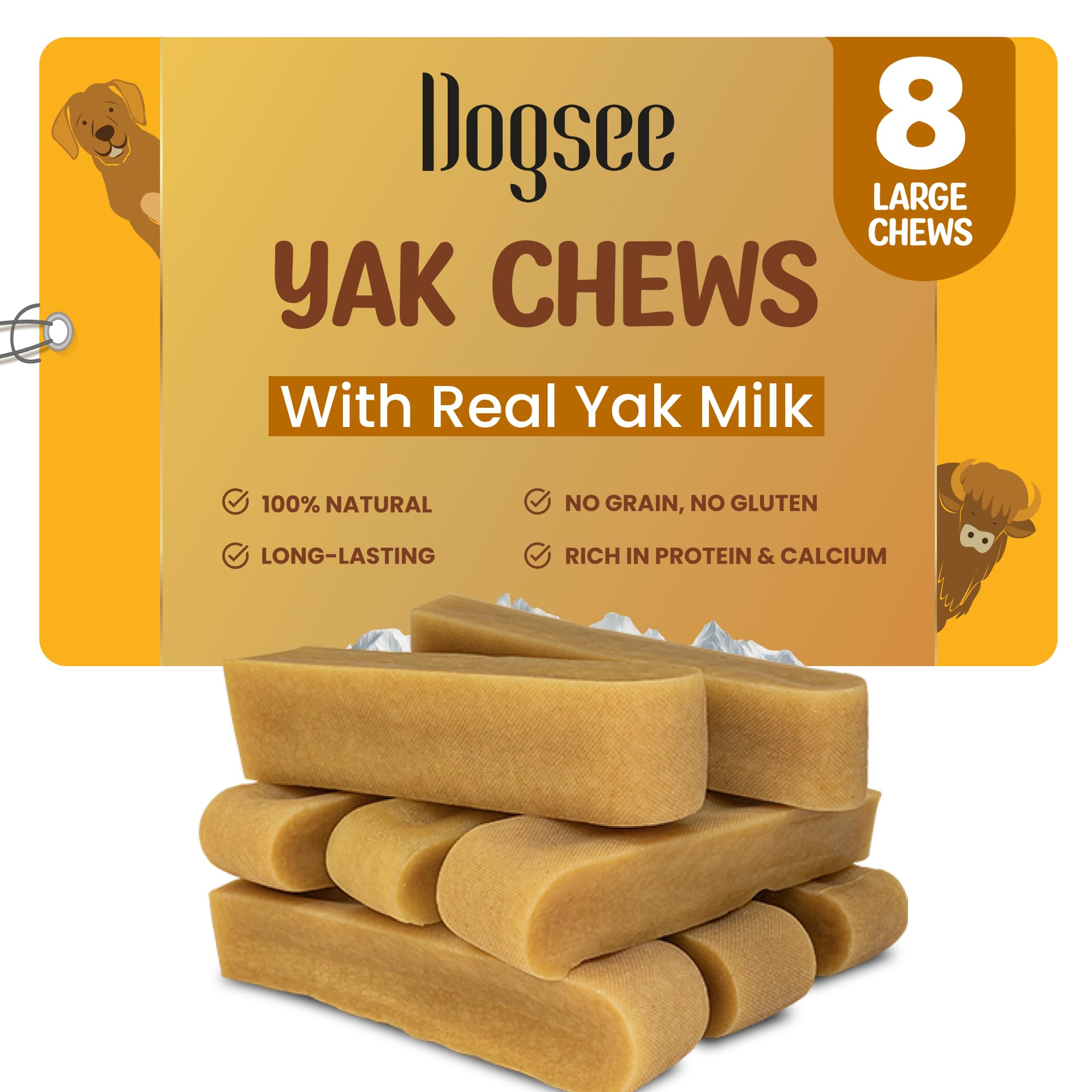 Dogsee Original Himalayan Yak Cheese Dog Chews 2lb (Large - 8 Bars) | Rawhide Free | Fight Plaque & Tartar | Long Lasting | for 