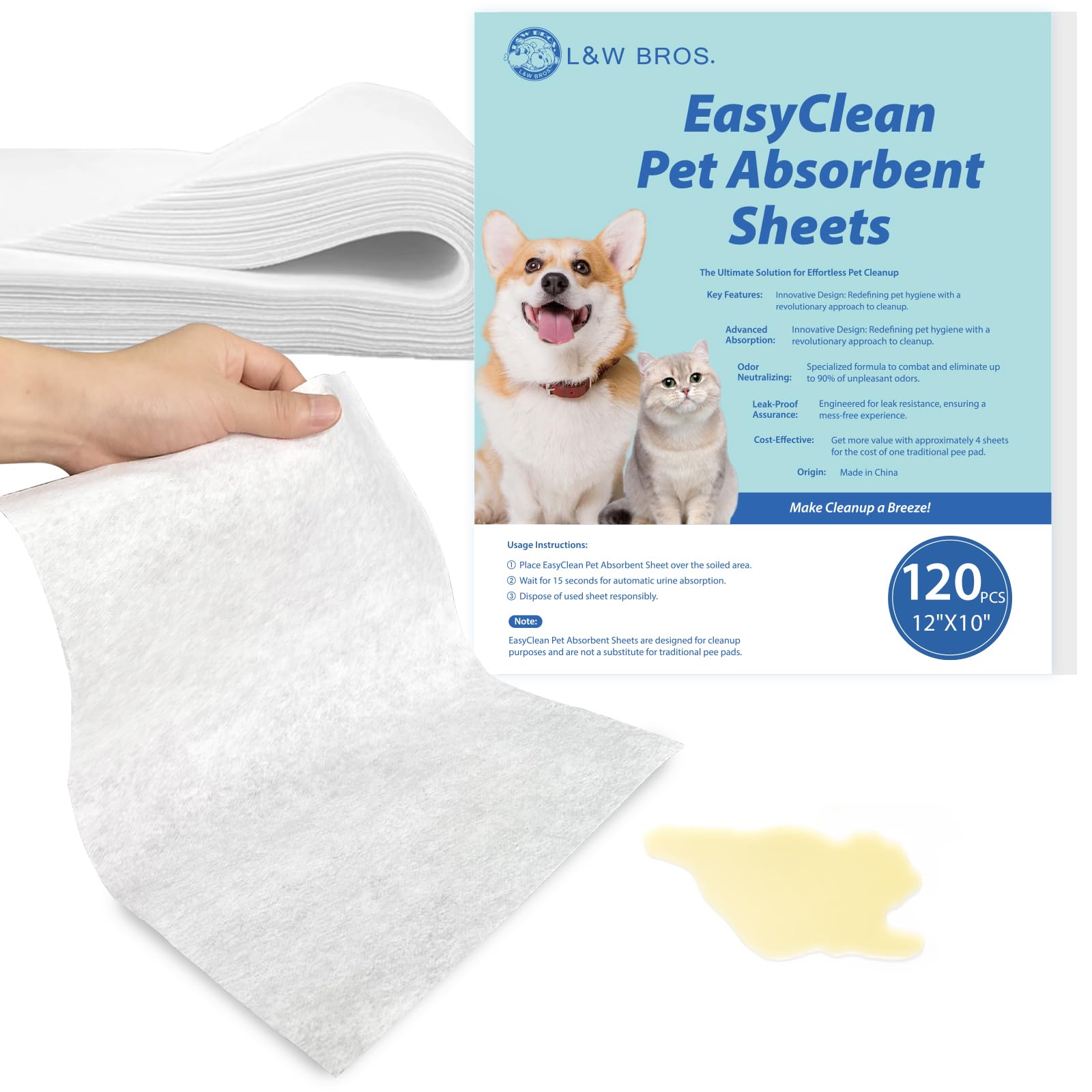 L&W BROS. Easy Clean Pet Quick Absorbent Sheets - Innovative Solution for Mess-Free Cleanup Not Traditional Pee Pads, 12x10 for 