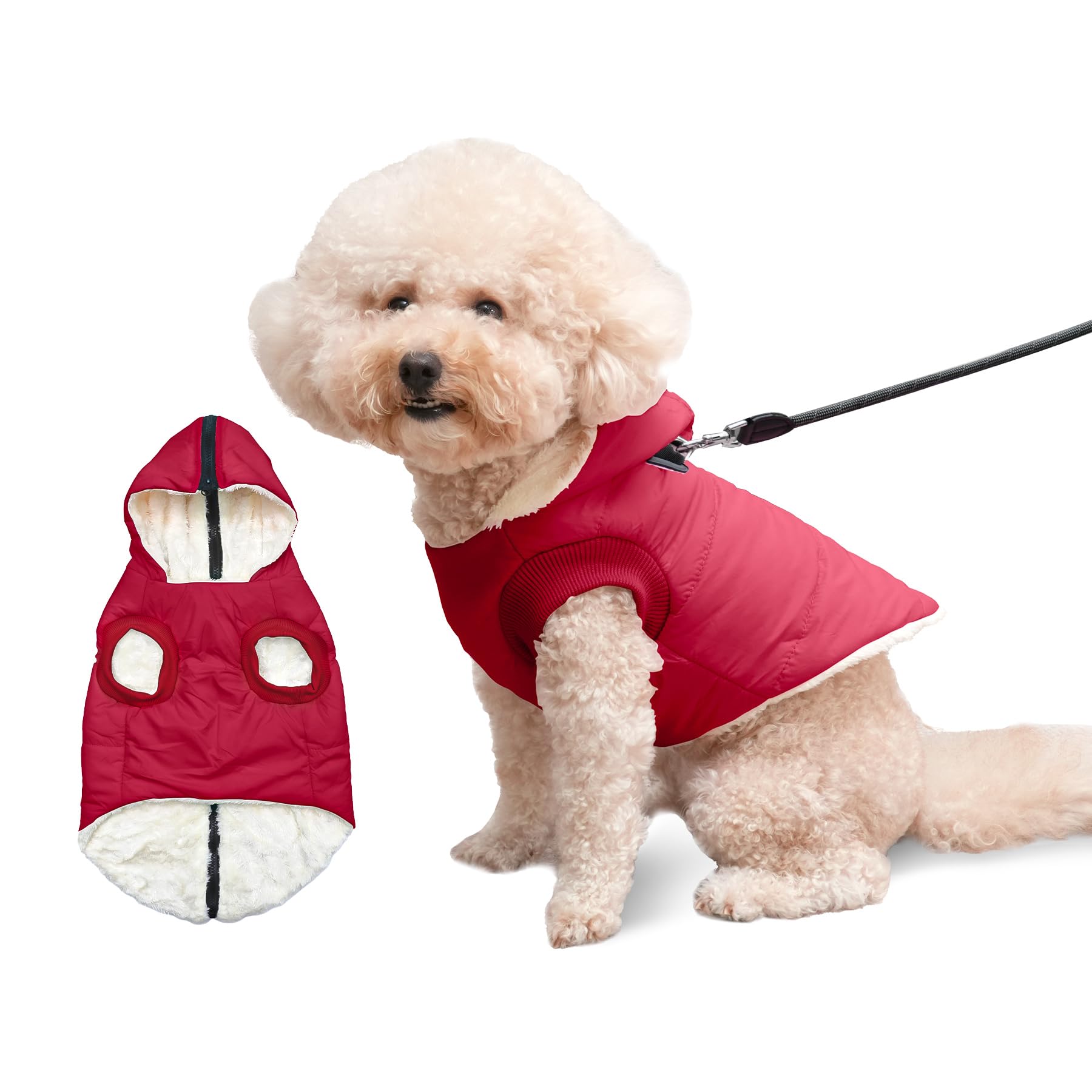 Vecomfy Fleece Lining Dog Hoodie With Harness Built In,Extra Warm Small Dog Jacket In Winter Puppy Coats With Hooded,Red S