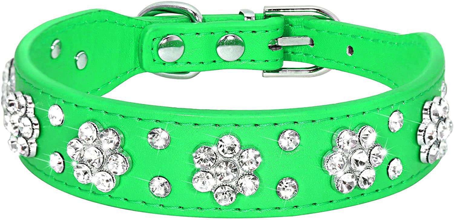 Serijoars Rhinestone Dog Collar - Cute Flower Rhinestone Bling Collar, Pu Leather, Adjustable Sizes Xs, Small, Medium (M, Green)