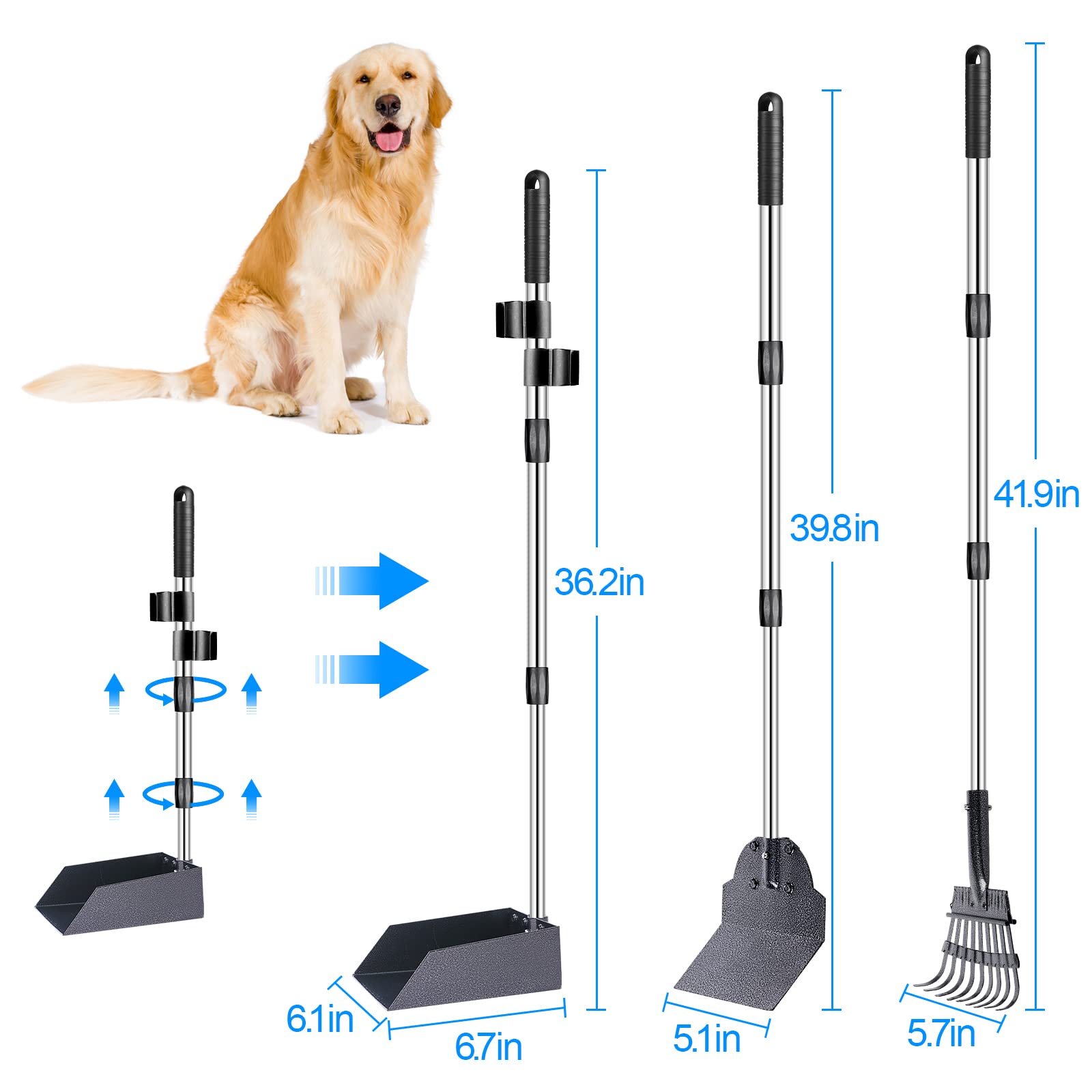 TNELTUEB Dog Pooper Scooper Set - 3 Pcs Adjustable 49.1 Long Metal Tray, Rake & Spade for Waste Removal - No Bending Cleanup, Black