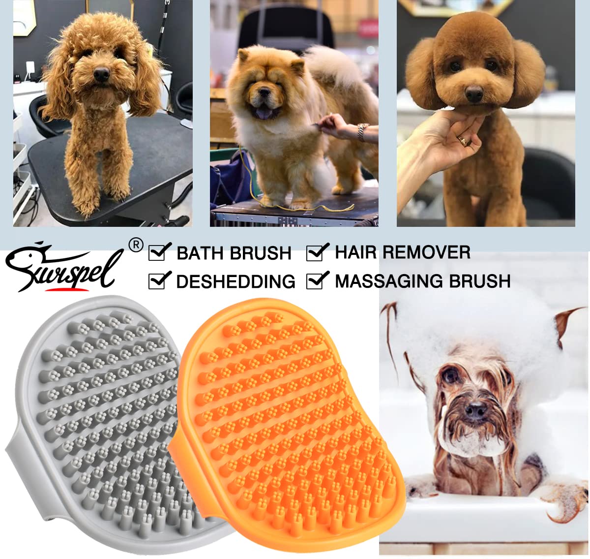 Kwispel Dog Bath Brush Set - 2 Pcs Rubber Grooming And Shedding Brush For Short And Long Haired Dogs, Cats With Adjustable Handle - Perfect For Washing, Shampooing, And Bathing