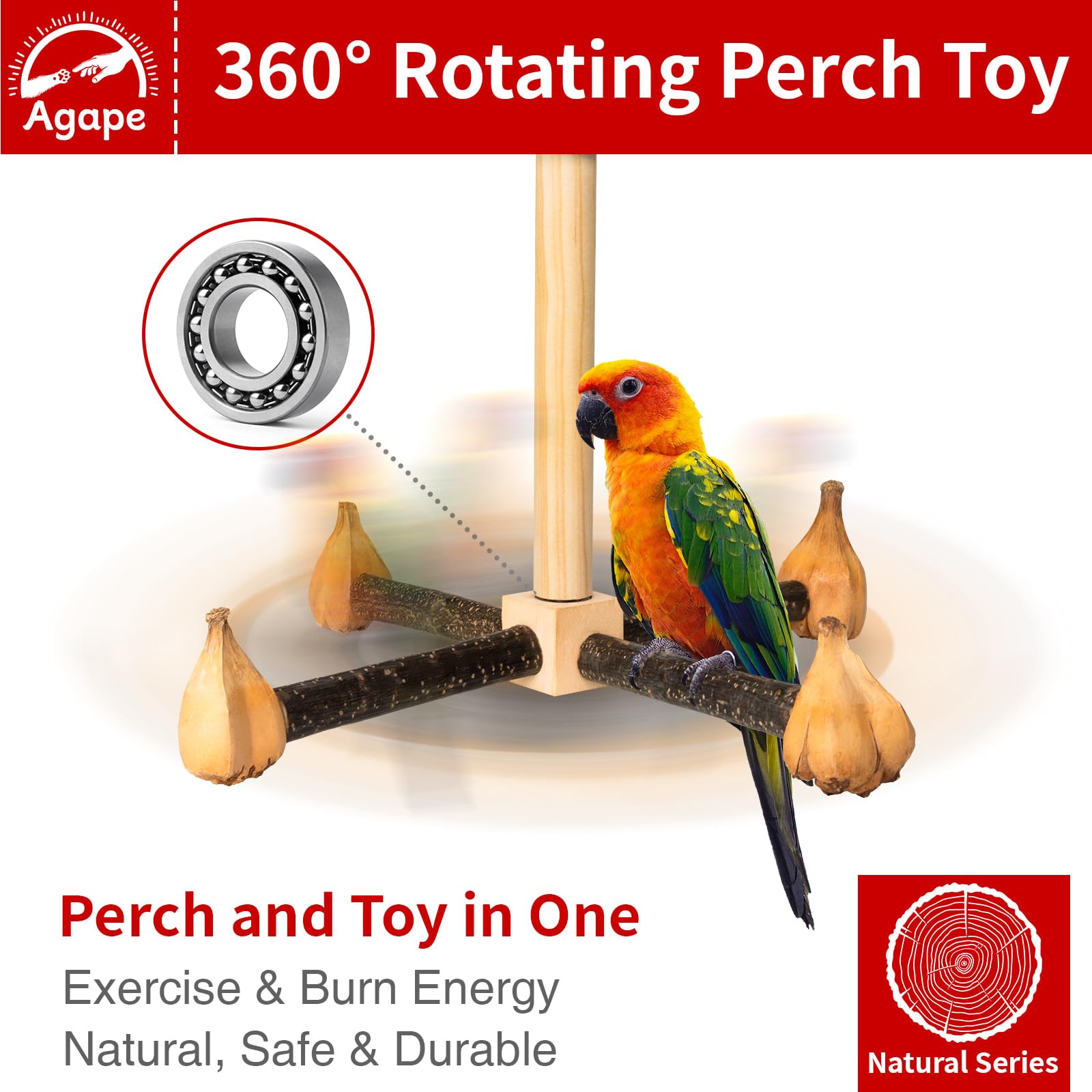 Agape Rotating Parrot Perch Toy With Chew Toy, Natural Wooden Perch Stand For Small & Medium Birds, Bird Cage Accessory With Exe