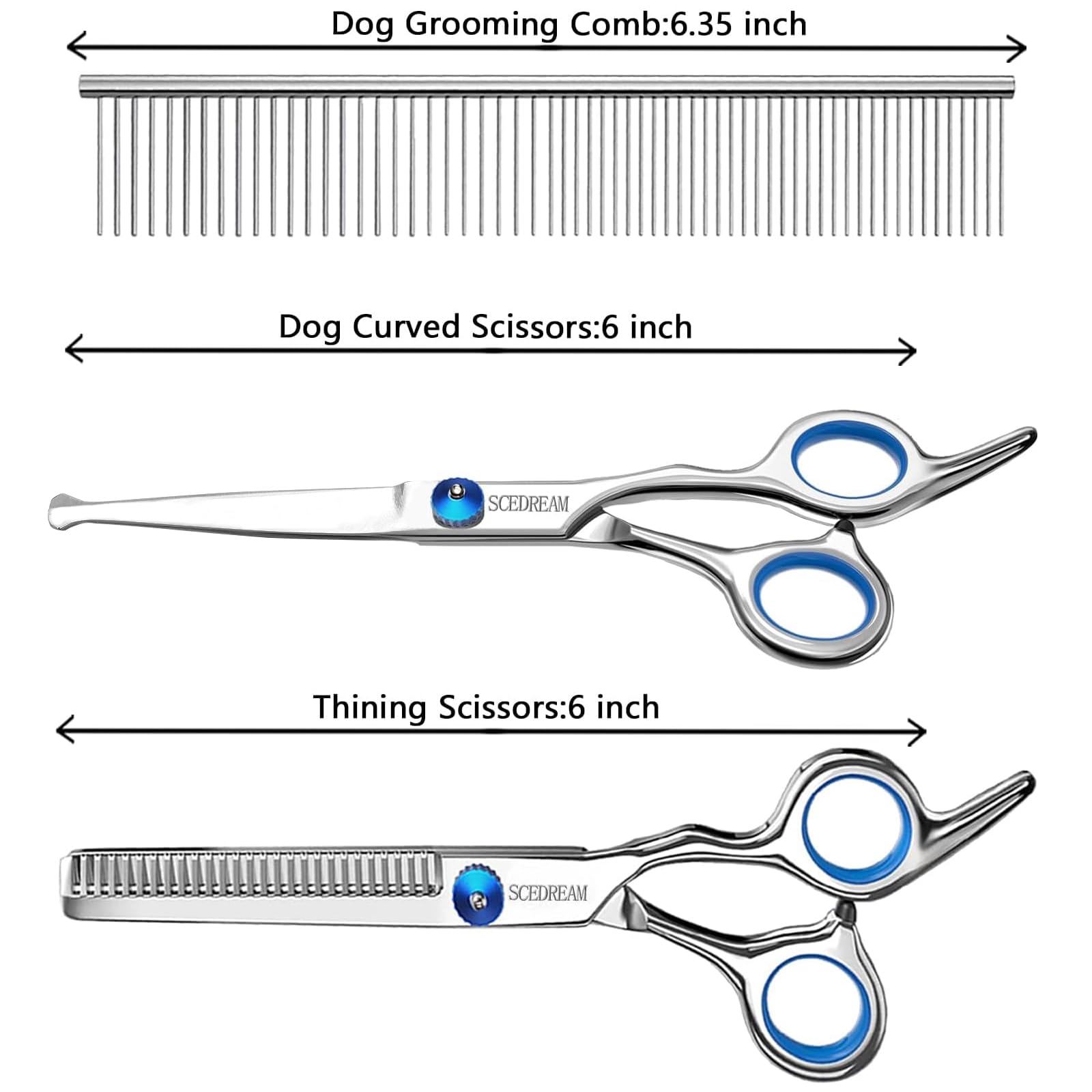 Scedream 3 In 1 Dog Grooming Scissors Kit With Safety Round Tips - Professional Pet Grooming Shears, 4Cr Stainless Steel, Blue
