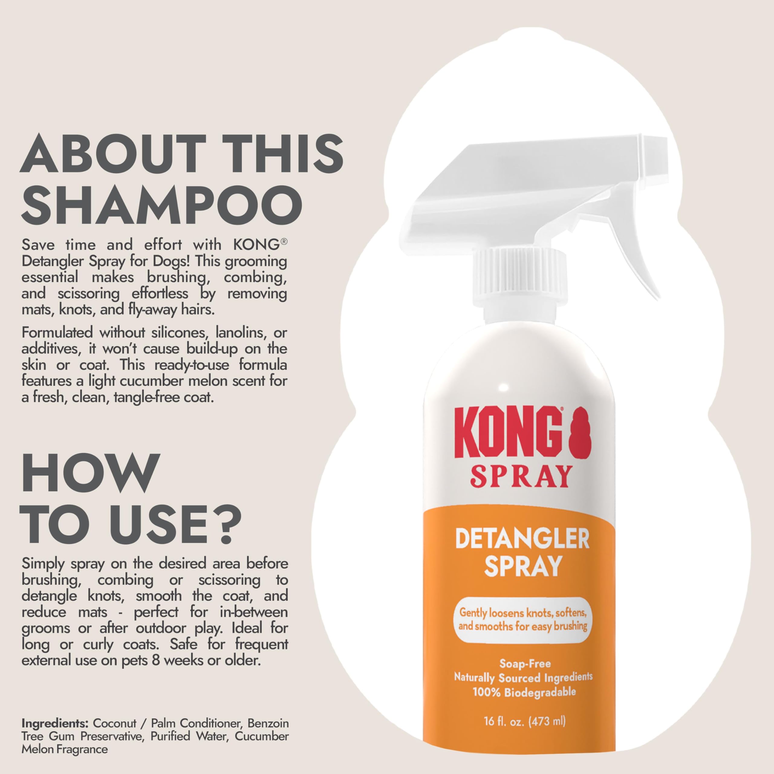 Kong Detangler Spray for Dogs - Cucumber Melon Scent, 16 fl oz - Loosens Knots, Softens & Smooths Coats, Biodegradable, Alcohol-