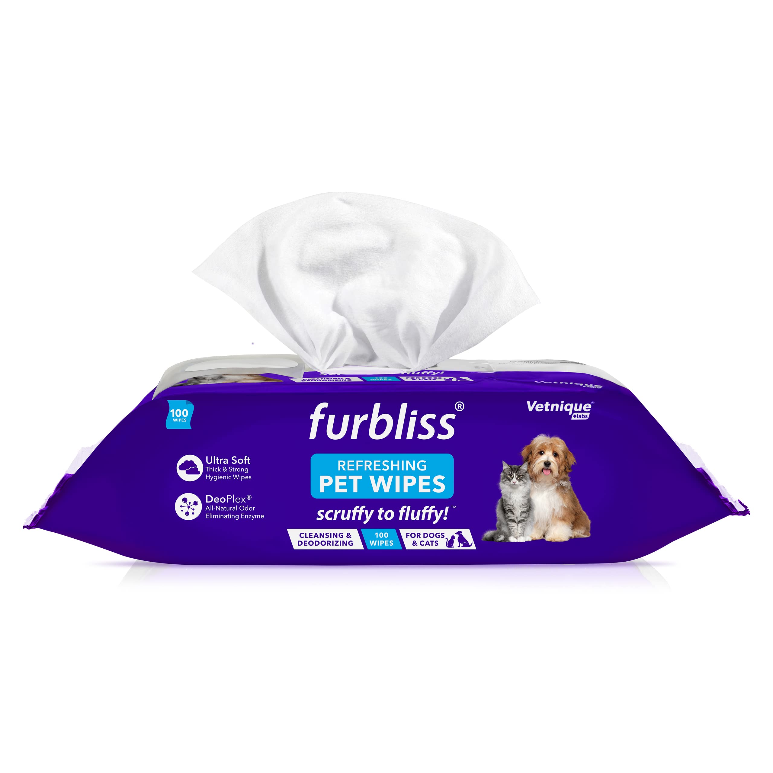 Vetnique Labs Furbliss Hygienic Pet Wipes For Dogs & Cats, Cleansing Grooming & Deodorizing Hypoallergenic Thick Wipes With All