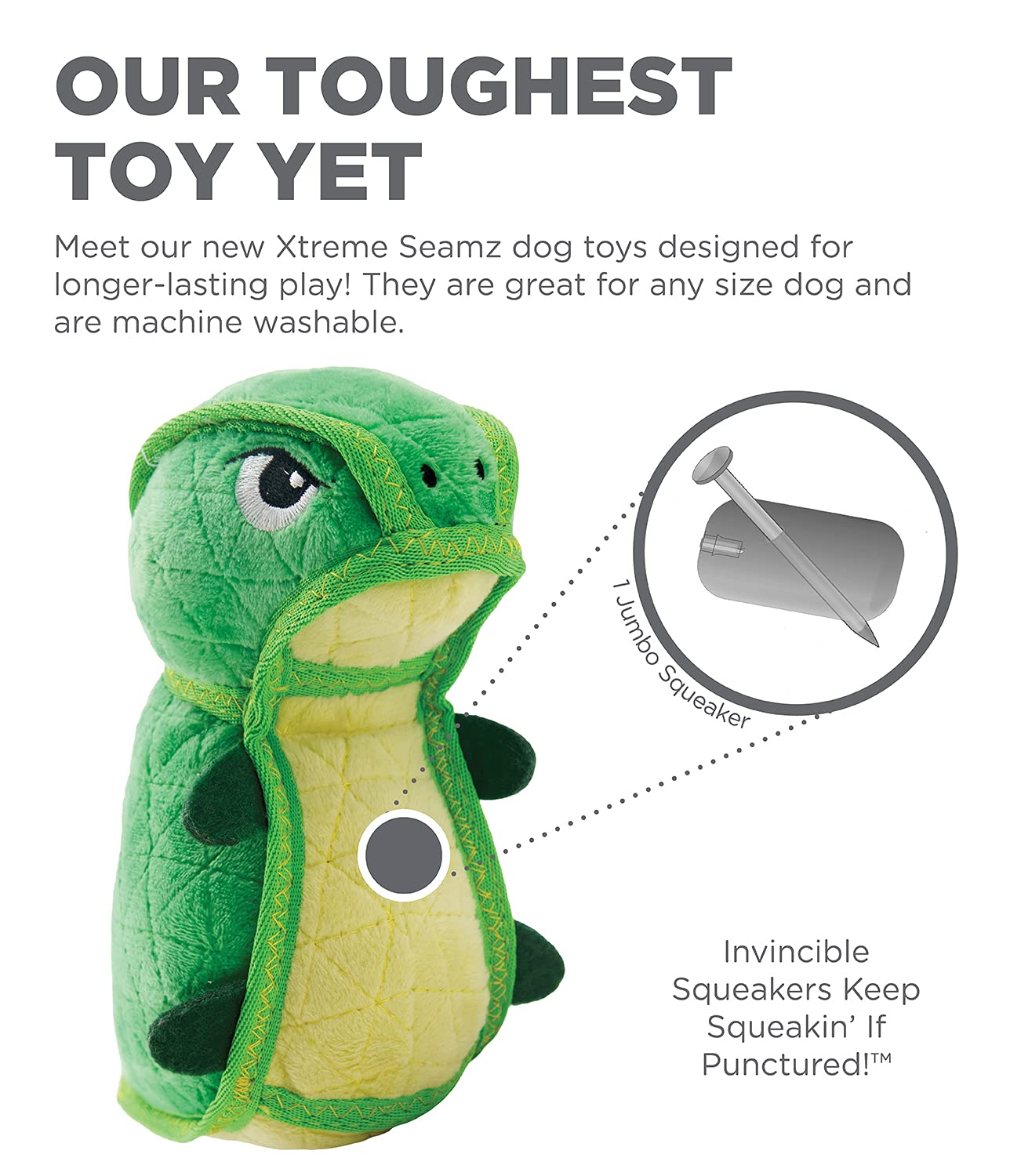 Outward Hound Xtreme Seamz Dino Squeaky Plush Dog Toy - Reinforced Dense Stuffing Plush Toy