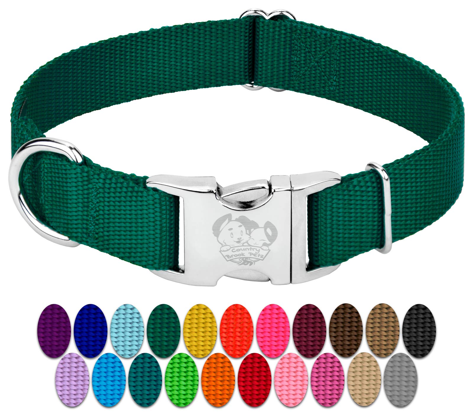 Country Brook Design - Vibrant 30+ Color Selection - Premium Nylon Dog Collar With Metal Buckle (Large, 1 Inch Wide, Green)