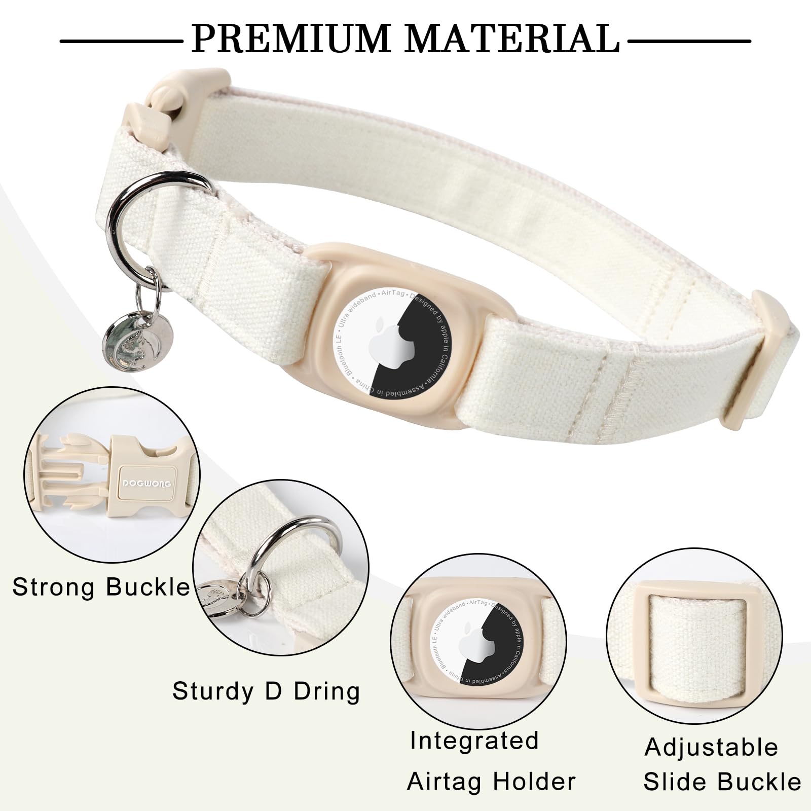 Dogwong Airtag Cotton Hemp Dog Collar, Heavy-Duty Dog Collar With Airtag Holder White Natural Fabric Pet Cute Puppy Necklace For