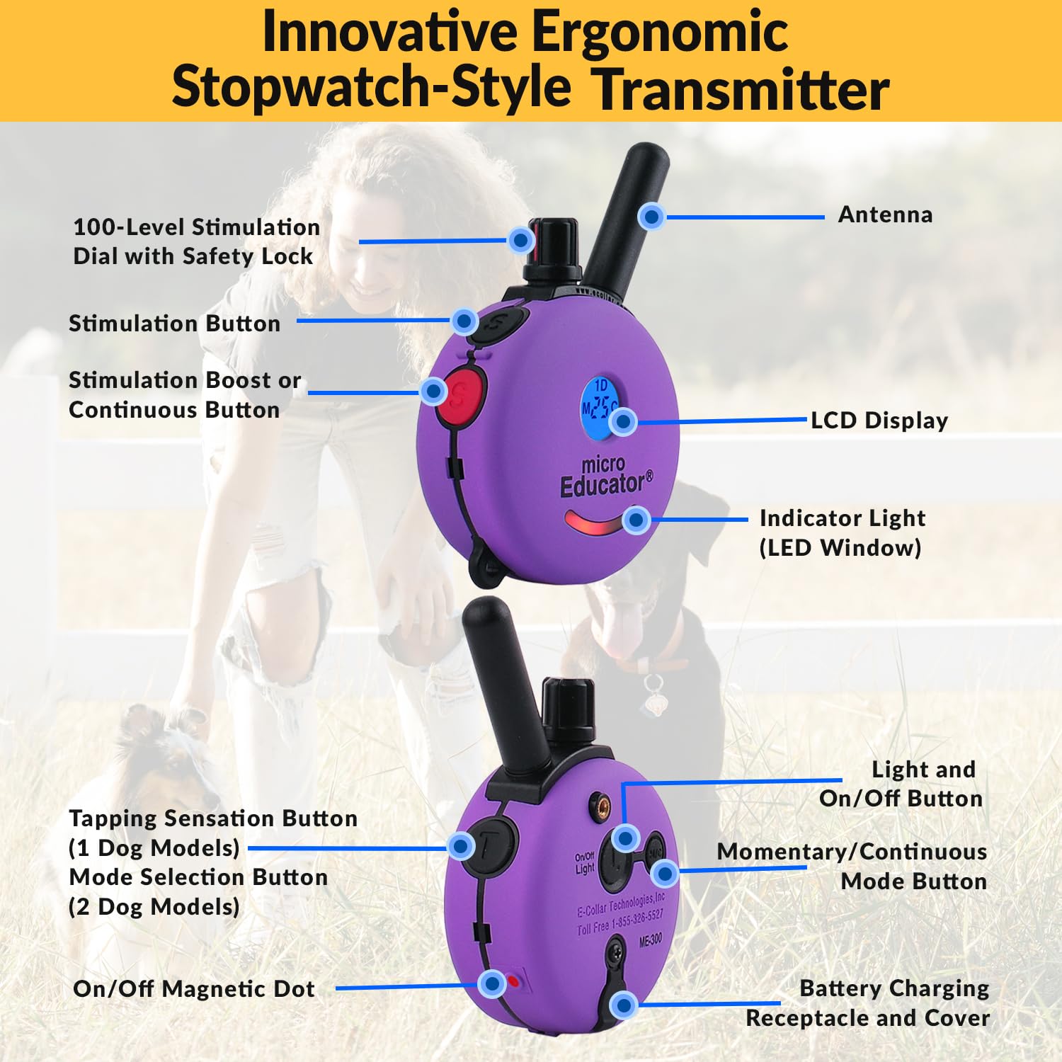 Educator E-Collar Humane Dog Training Collar With Remote, 100 Safe Tapping Stimulation Levels, Night Light, Waterproof, Rechargeable, 1/3 Mile 2 Small Dogs, Purple