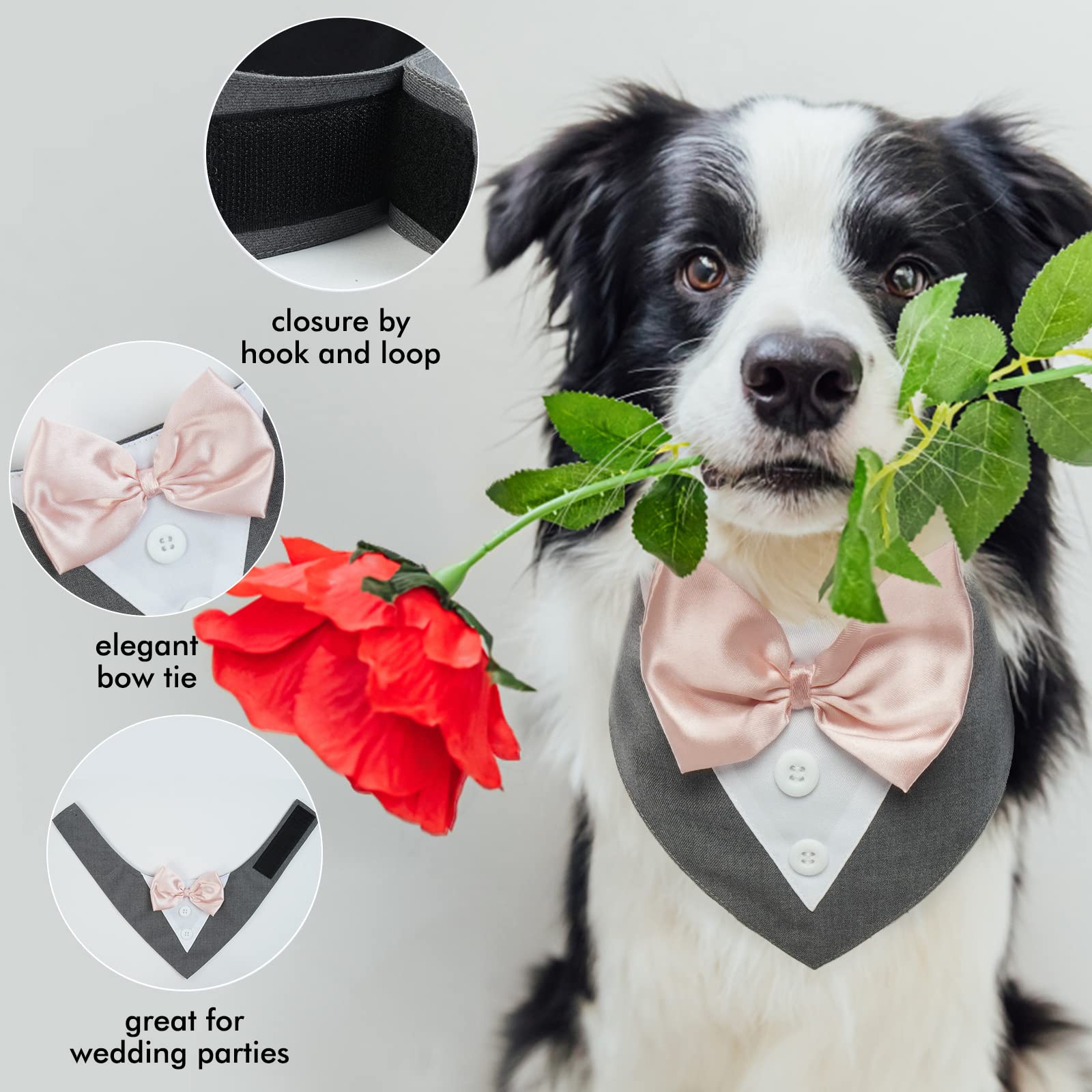FUAMEY Tuxedo Dog Collar with Bow Tie - Formal Wedding Bandana for Small to Large Pets, Grey