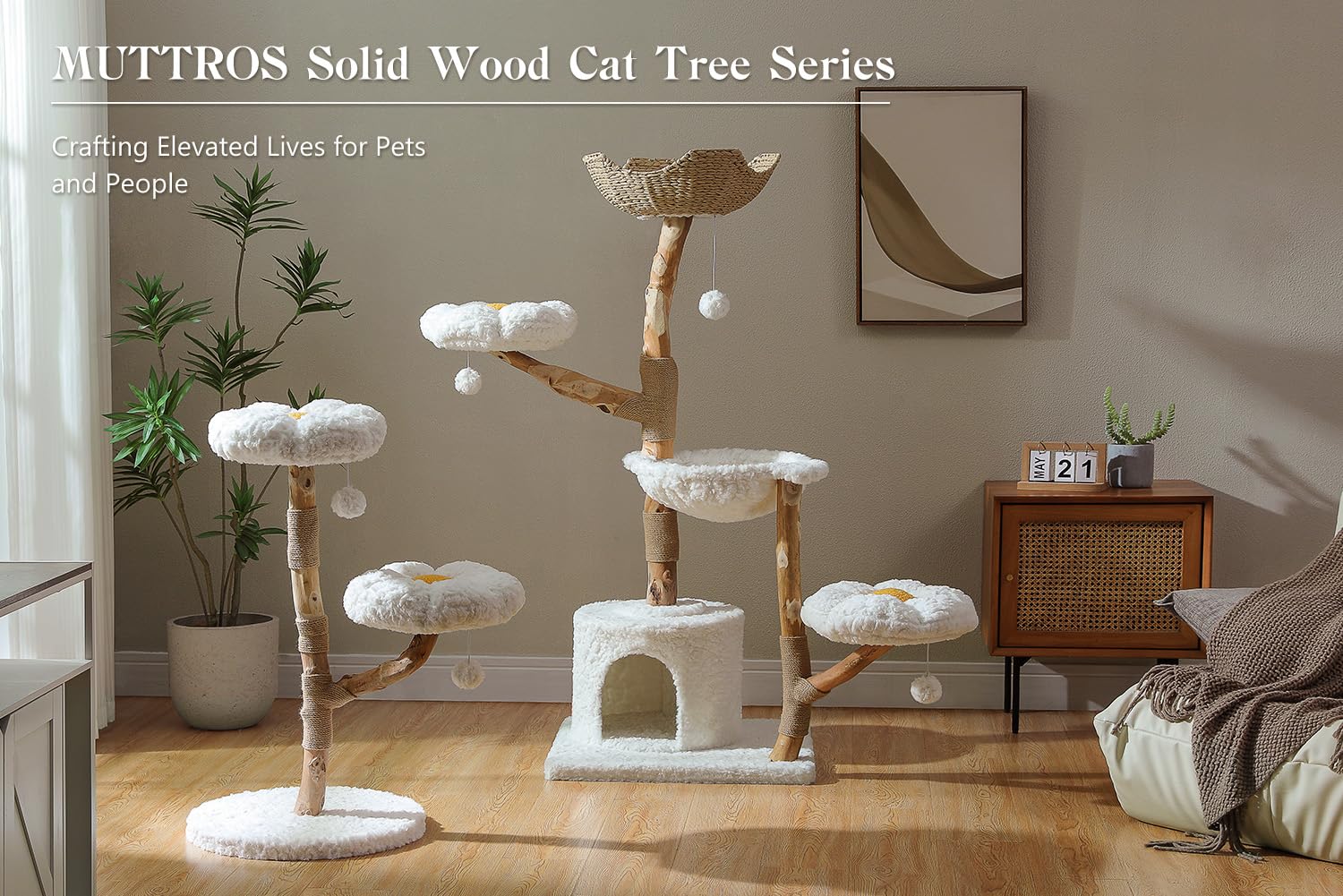 Muttros 59' Modern Cat Tree Tower For Large Cats W/2 Flower Perches-Natural Solid Wood Scratching Post With Real Branch-Luxury