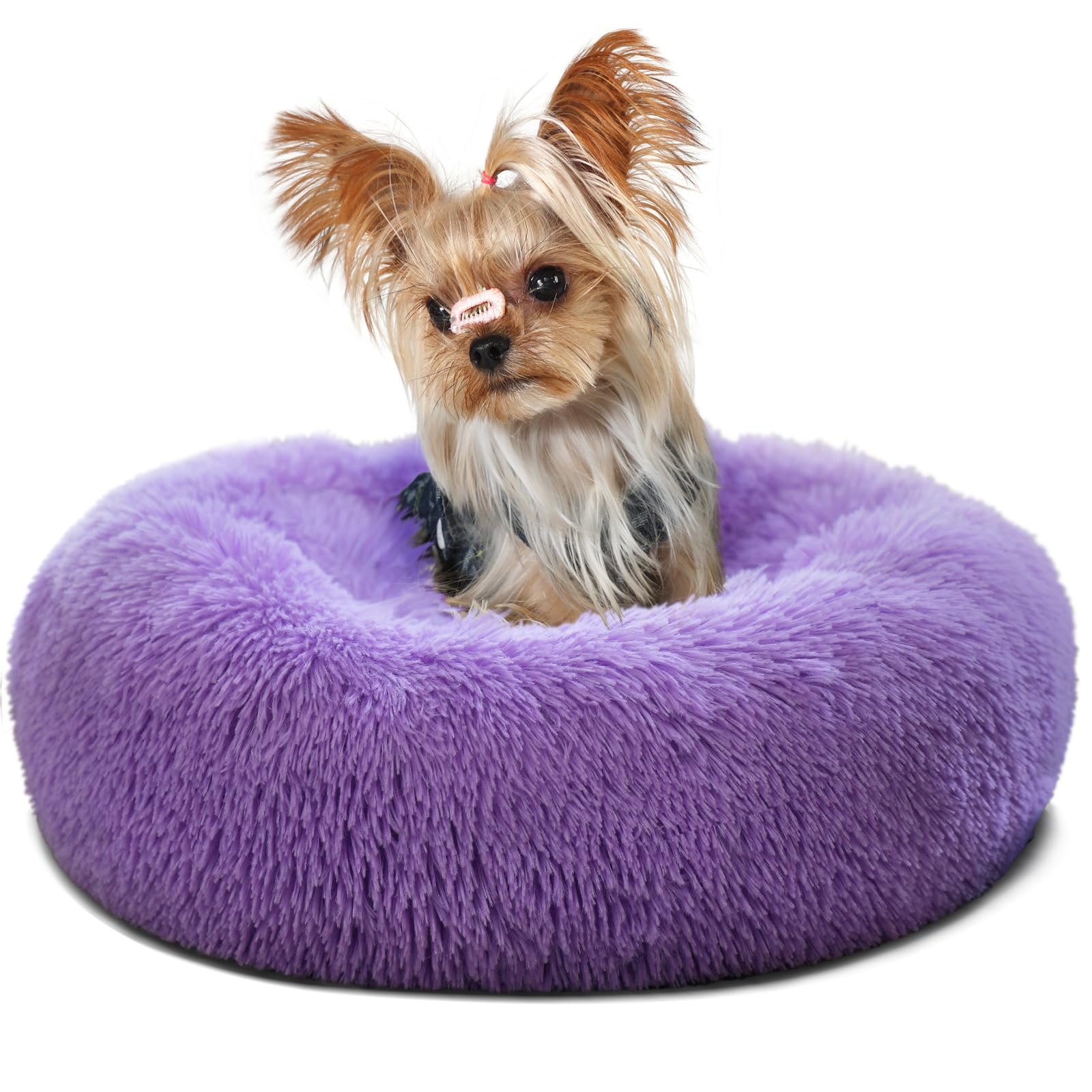 Fluffy Purple Dog Bed Extra Small Washable,Calming Dog Bed Princess for Small Dogs 15 inches Donut Soft Small Pet Bed,Anti Anxie