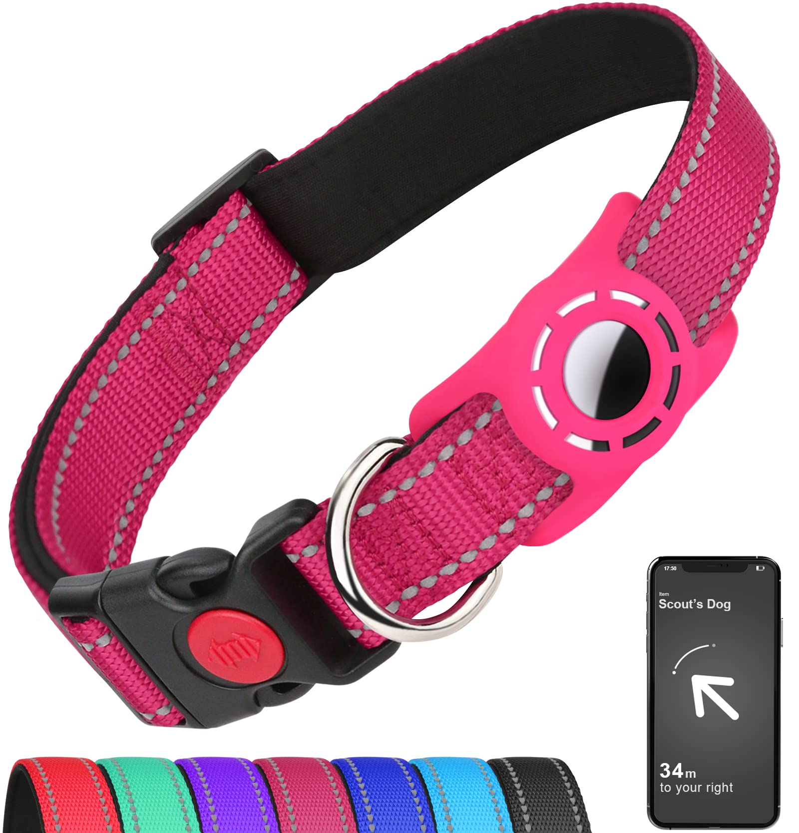 Erbine Airtag Dog Collar For Large Dogs, Reflective Dog Collars With Airtag Holder, Soft Padded & Safety Locking Buckle, Nylon Pet Collar Adjustable For All Breeds, Hotpink