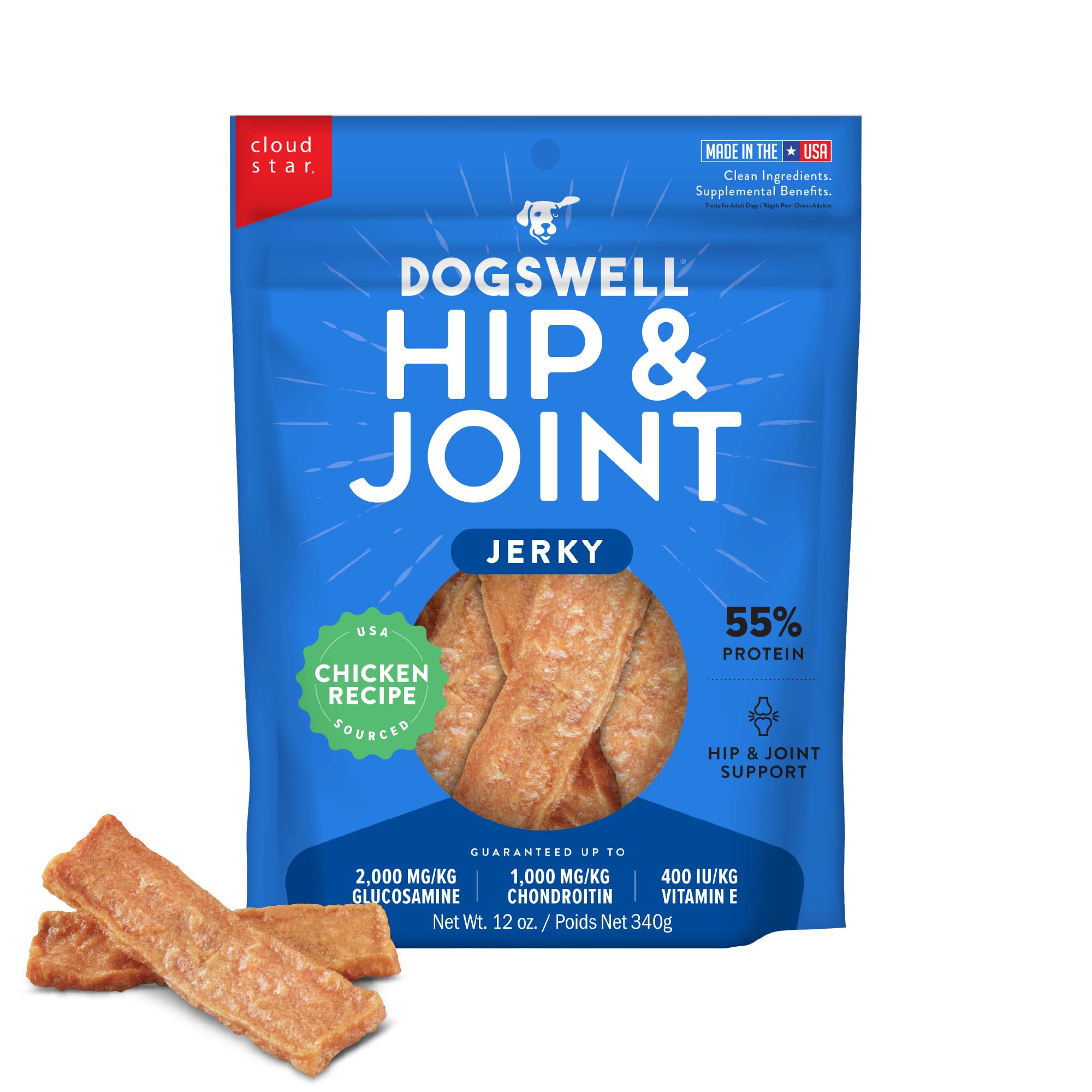 Dogswell Jerky Hip and Joint Dog Treats Grain Free Made in USA Only, Glucosamine and Chondroitin, 12 oz Chicken