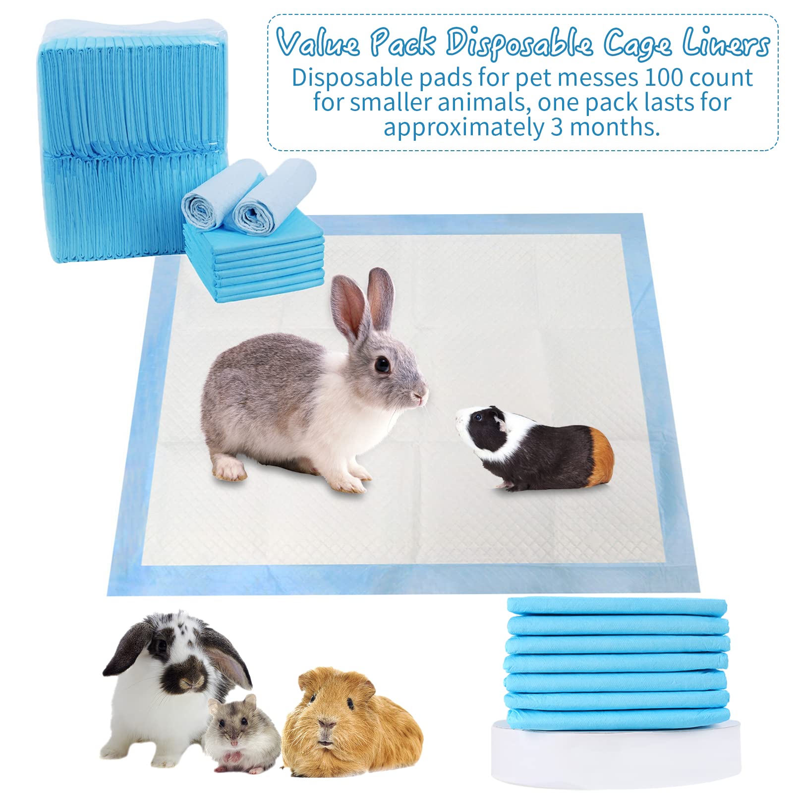 Tfwadmx 100 Pcs Rabbit Pee Pads Disposable Cage Liners Leak-Proof Super Absorbent Potty Training Pad for Puppy Guinea Pigs Hedge
