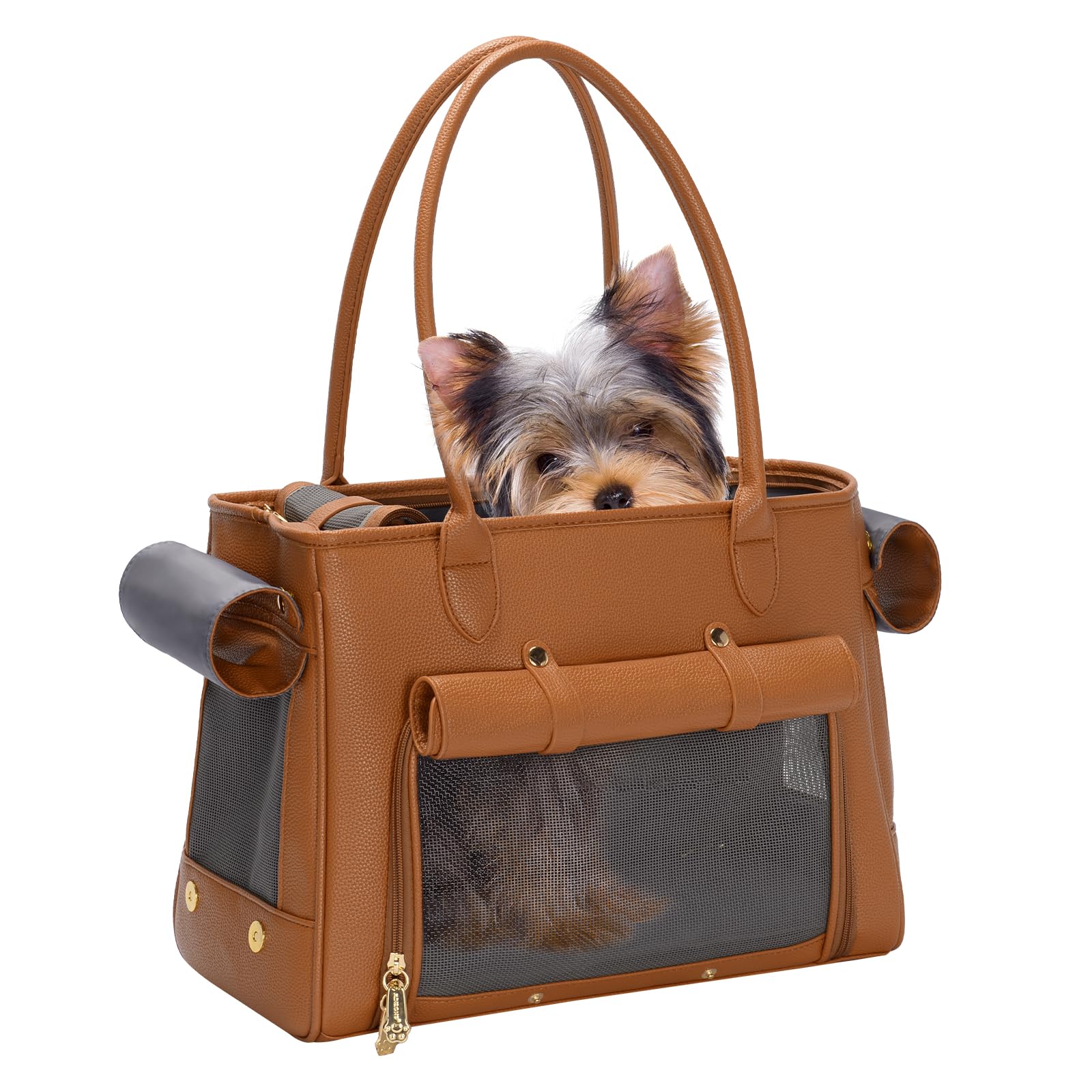 Fashion Pet Carrier Purse For Small Cat And Dog, Luxury Pu Soft-Sided Tote Bag With Large Pockets For Dogs And Puppies (Brown, 1