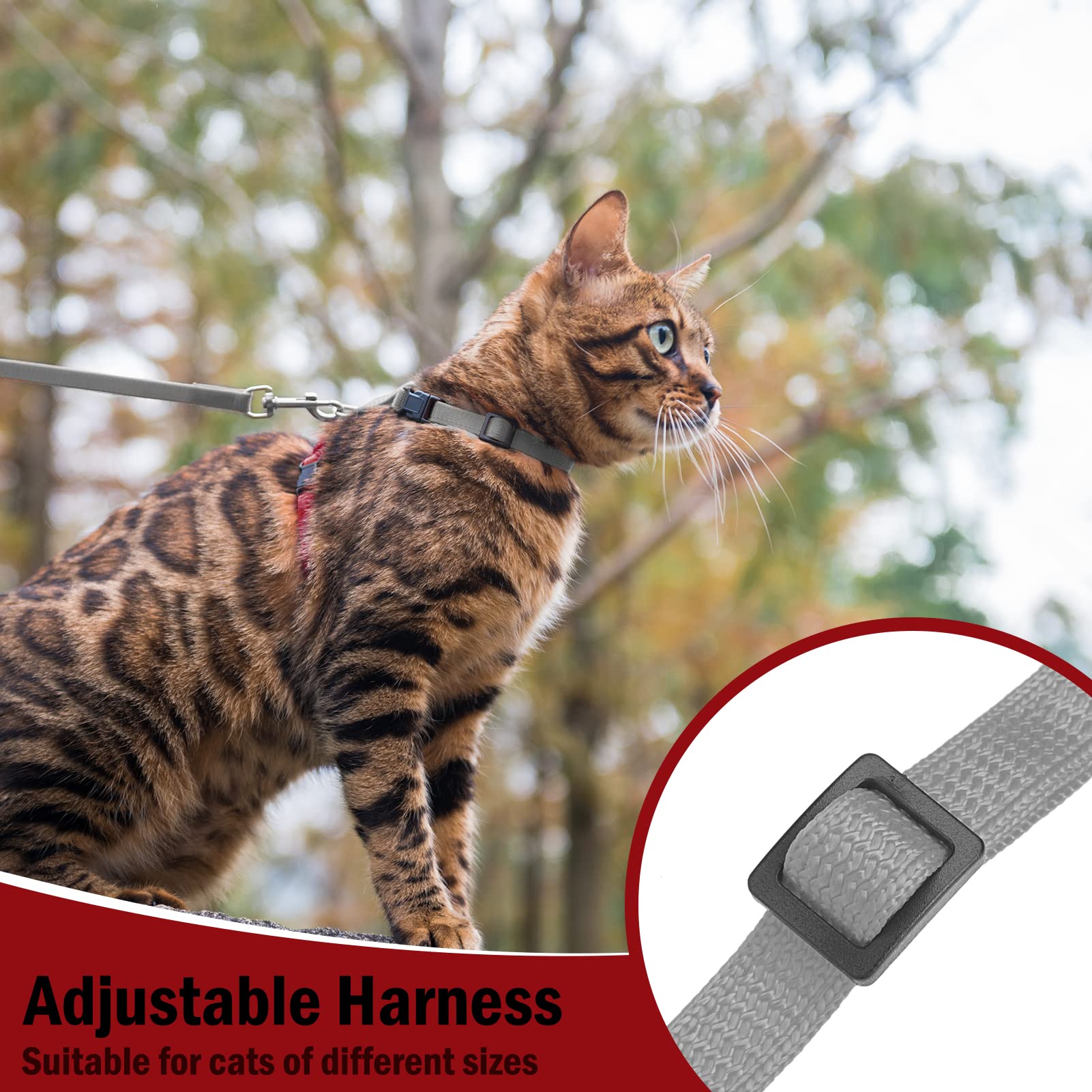 Pupteck Adjustable Cat Harness And Leash Set Escape Proof Kitten Strap Collar For Walking Travel, Grey/Red Mixed